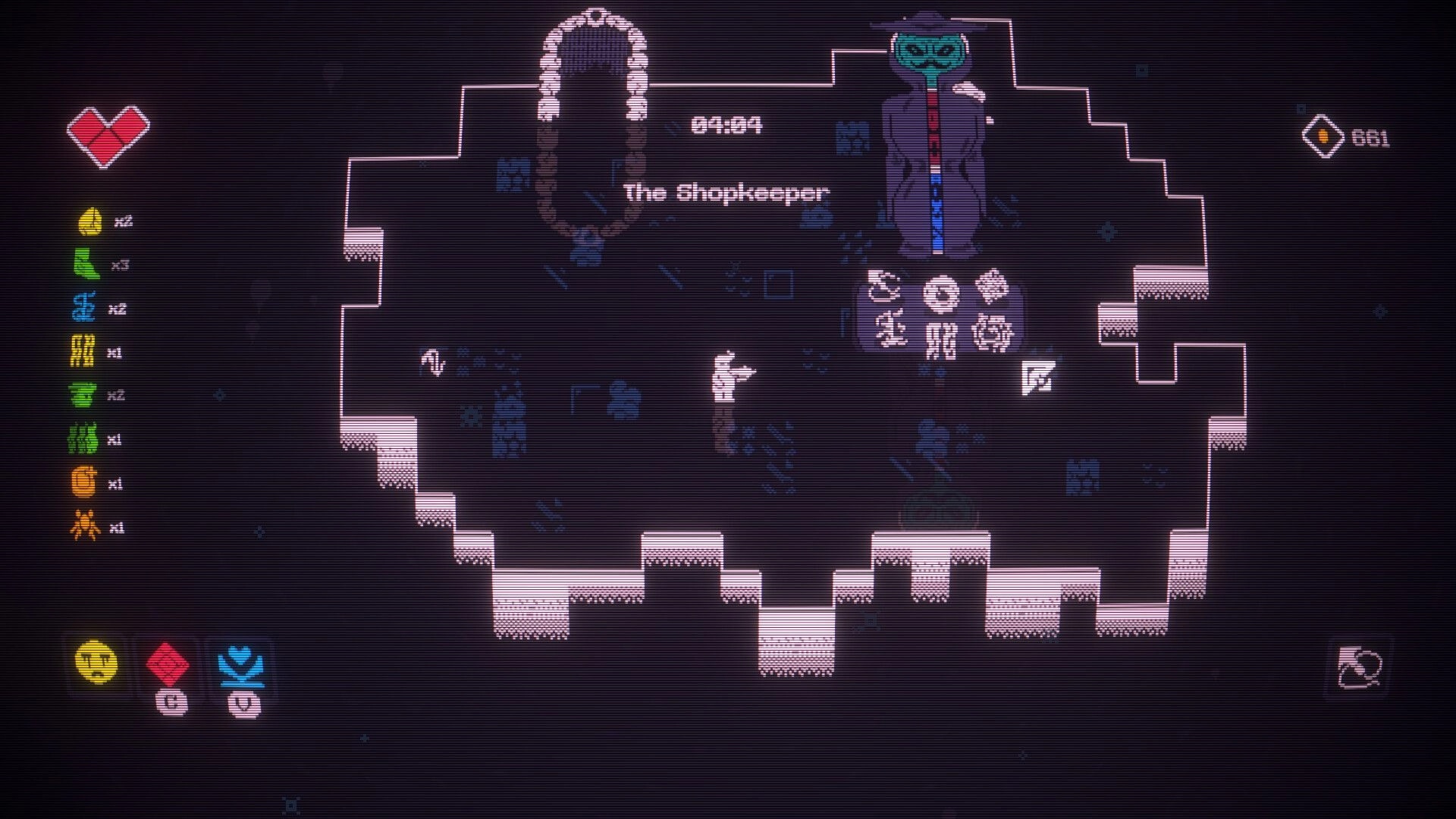 GNAP GNAP: Player visits The Shopkeeper with item icons and stats UI in a dark cave room.