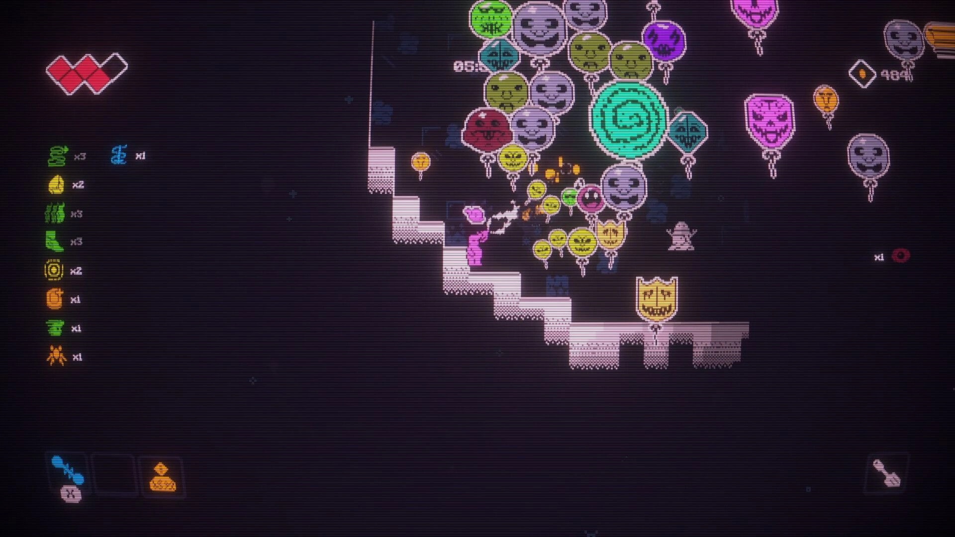 GNAP GNAP: Pink player fires harpoon at swarming face balloons on stepped platforms, HUD icons left.