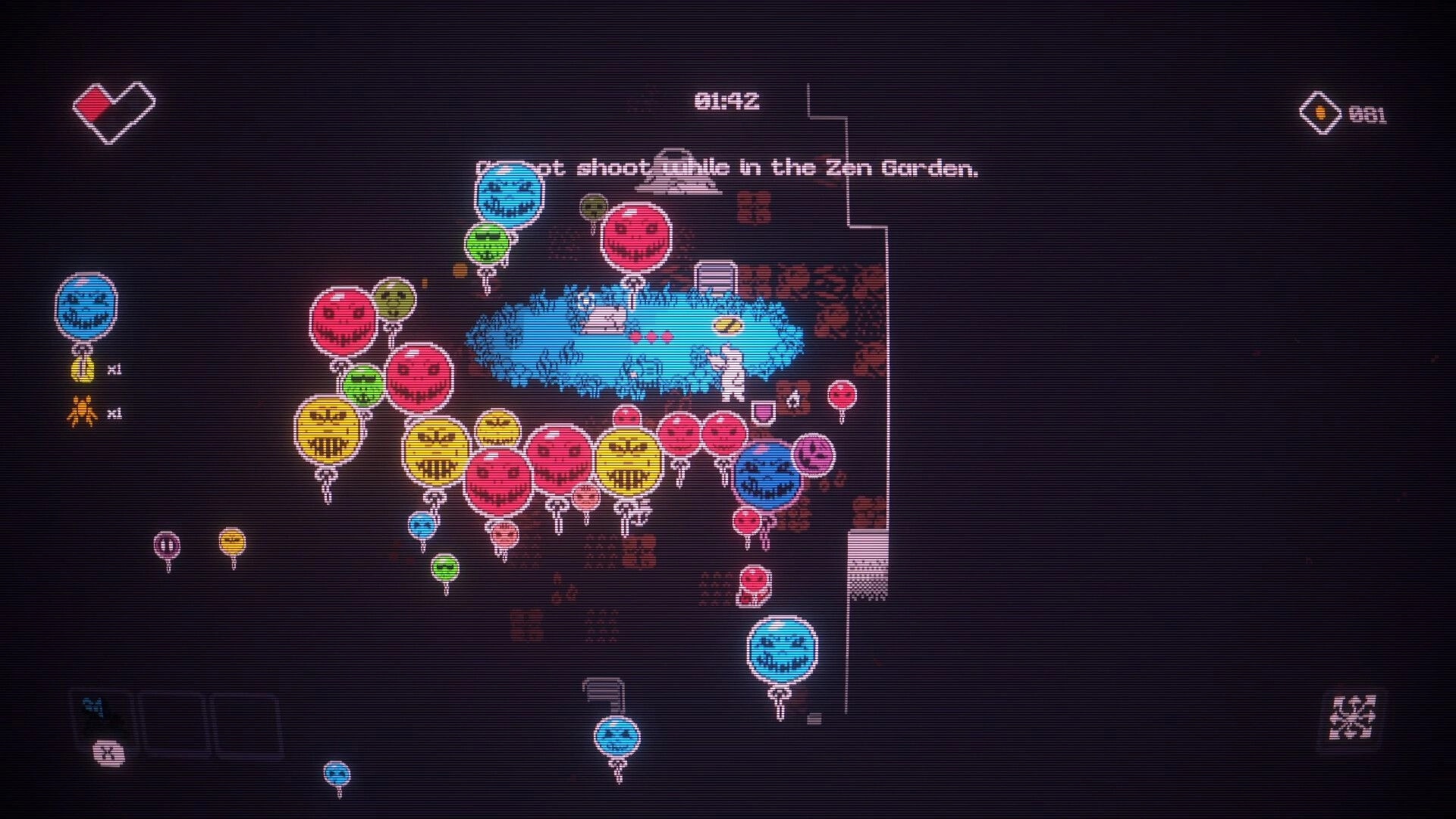 GNAP GNAP: Player surrounded by swarming colored enemy balloons in a dark arena with timer UI above.