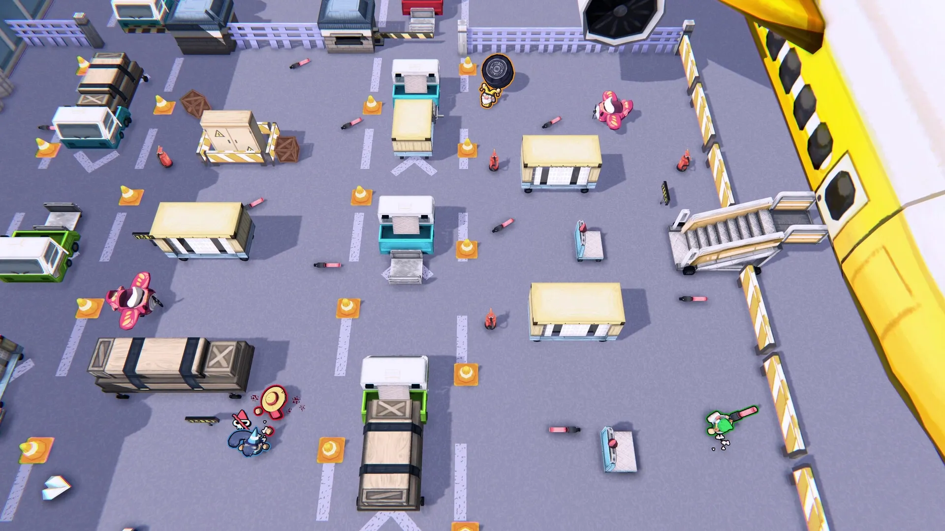 Gnaughty Gnomes: Top-down view of gnome combat with various obstacles in an airport hangar setting