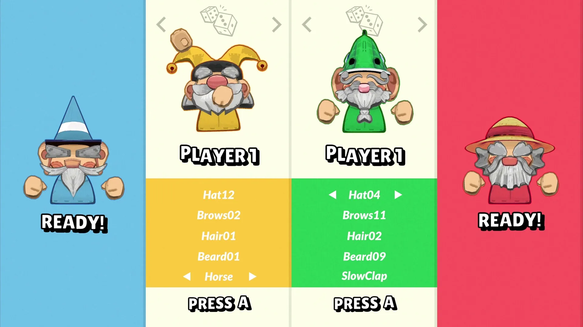 Gnaughty Gnomes: Character customization screen with gnomes in different outfits and player options