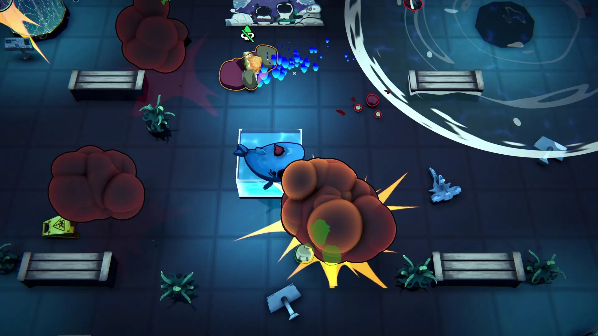 Gnaughty Gnomes: Overhead combat scene with gnomes battling amid explosions in a tiled arena.