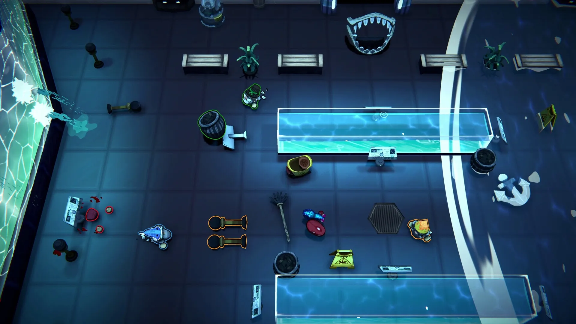 Gnaughty Gnomes: Top-down view of gnomes navigating a lab-like arena with benches and various objects