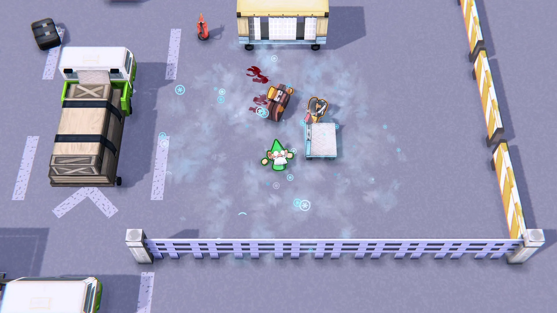Gnaughty Gnomes: Top-down combat in a parking lot with gnomes, crates, and scattered items
