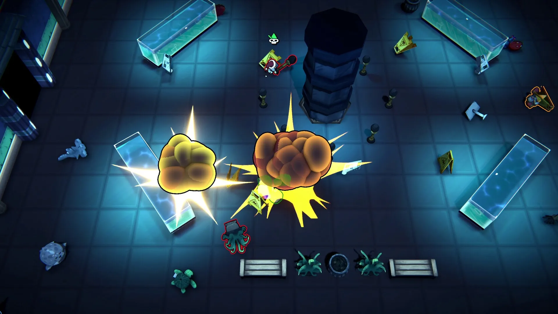 Gnaughty Gnomes: Gnomes in explosive combat in a tiled room with scattered objects and towering pillar