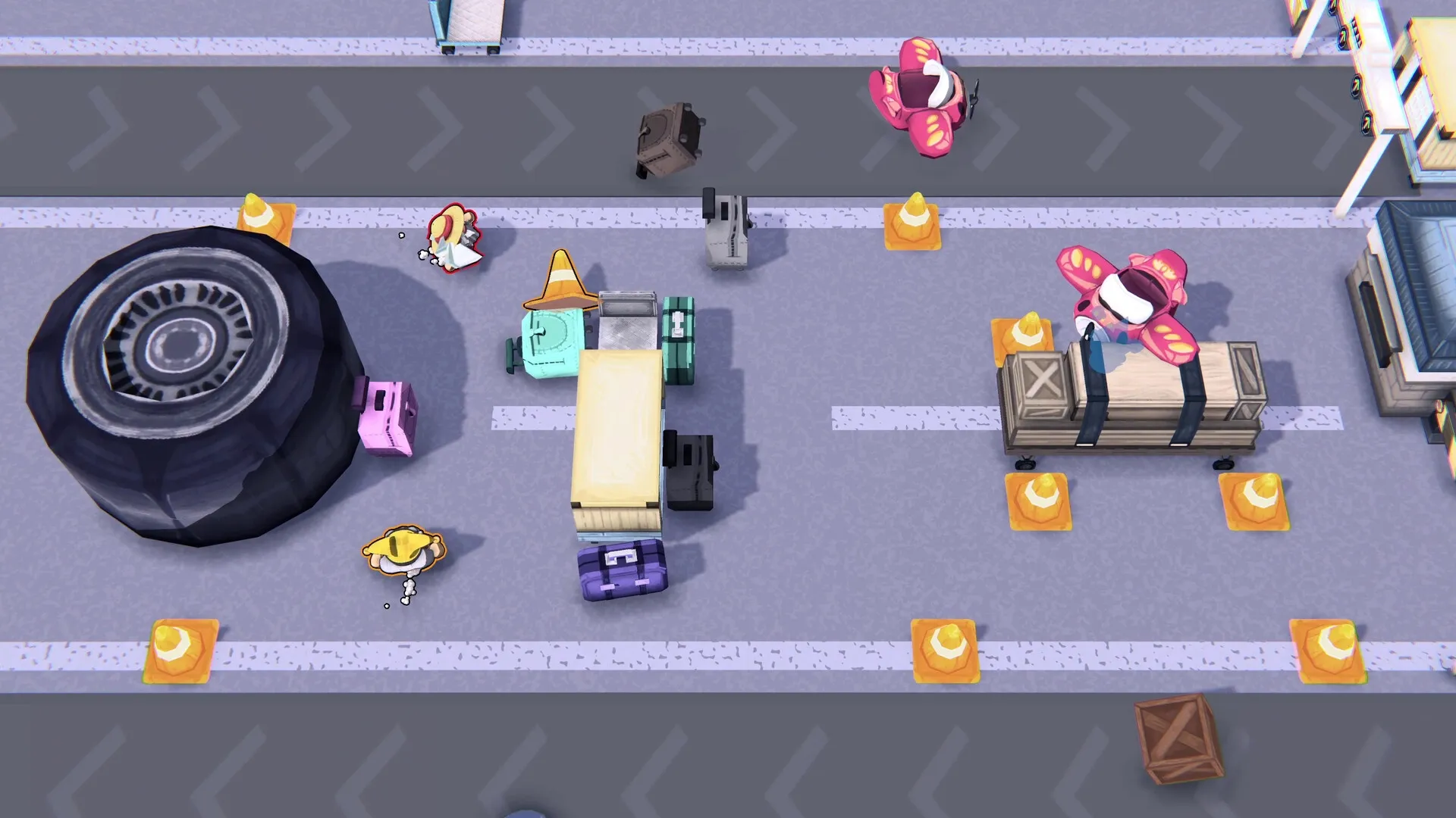 Gnaughty Gnomes: Gnomes in combat on a highway with obstacles, crates, and traffic cones scattered around.