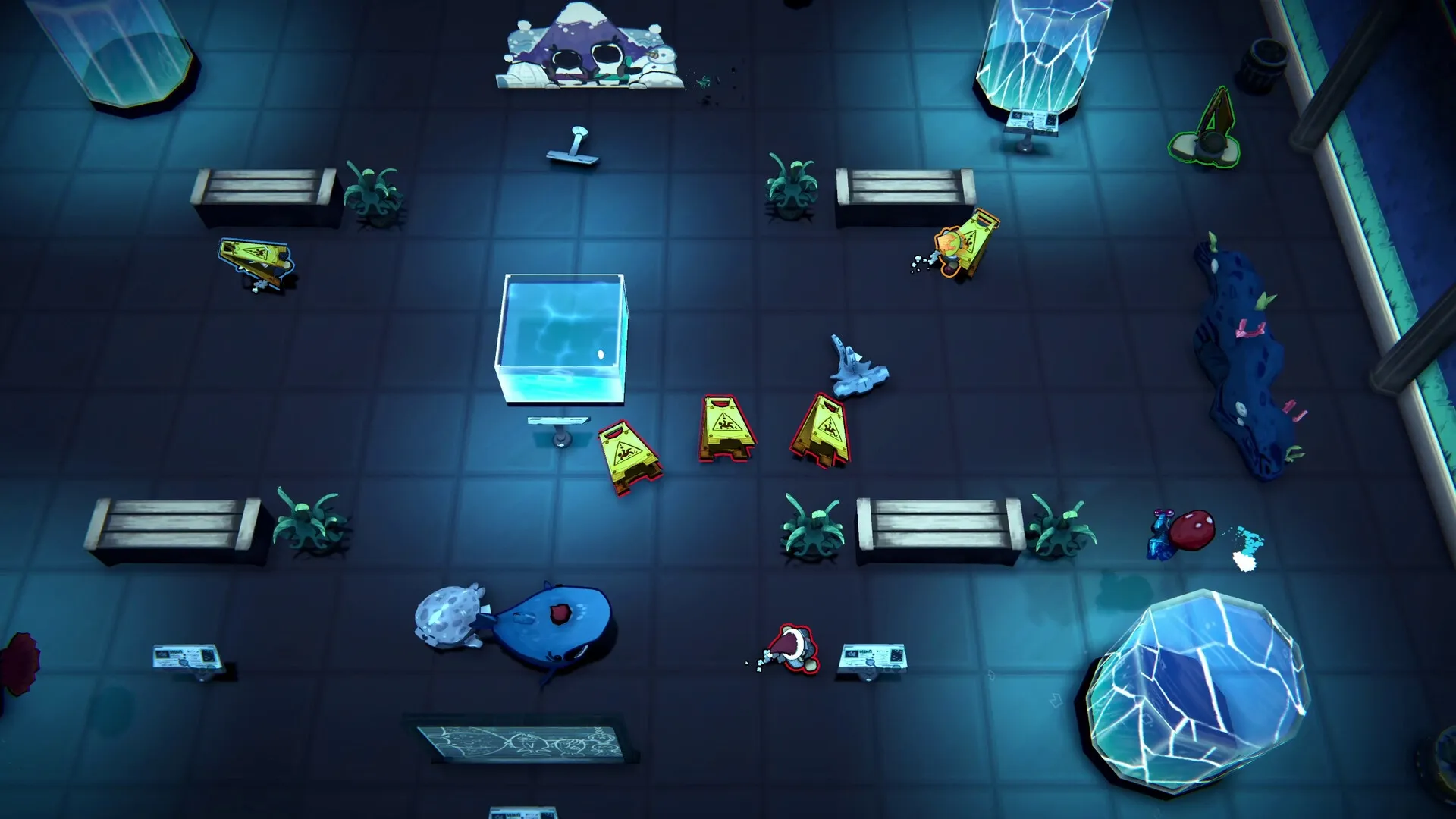 Gnaughty Gnomes: Top-down view of gnomes navigating obstacles and traps in a glowing blue dungeon.