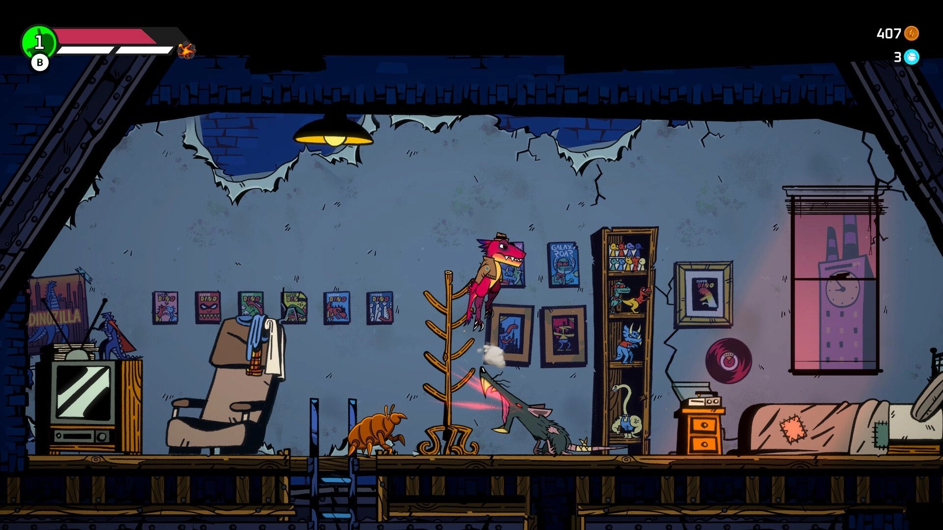 GNAW: Pink dino hero mid-jump as a critter attacks in a cluttered bedroom with posters and HUD.