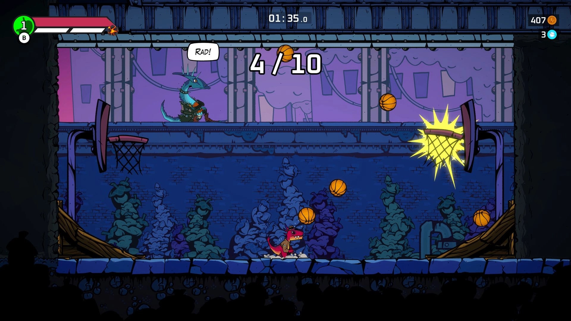 GNAW: Dino runs a basketball hoop challenge, 4/10 score and timer in a ruined city court scene.