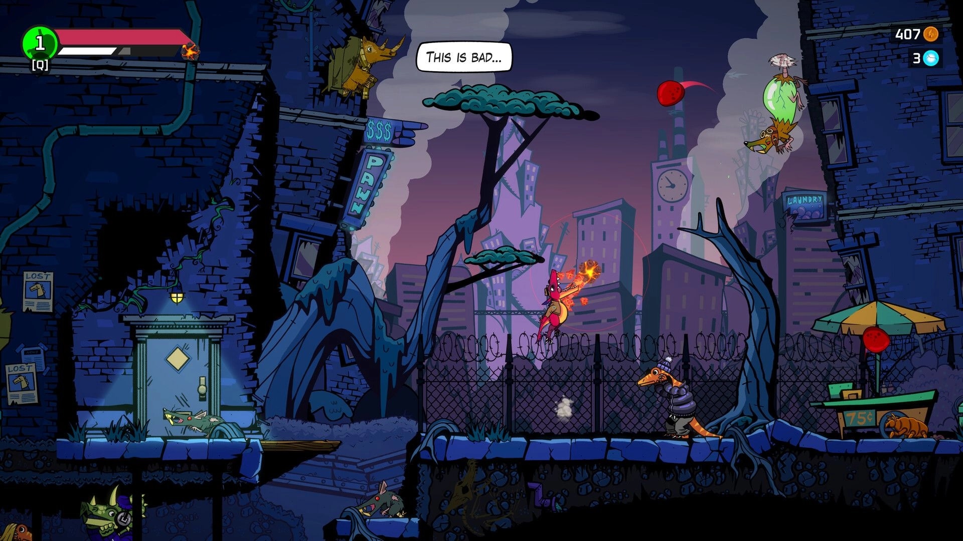 GNAW: Red dinosaur hero leaps with flaming fists over fences in ruined city street at dusk.