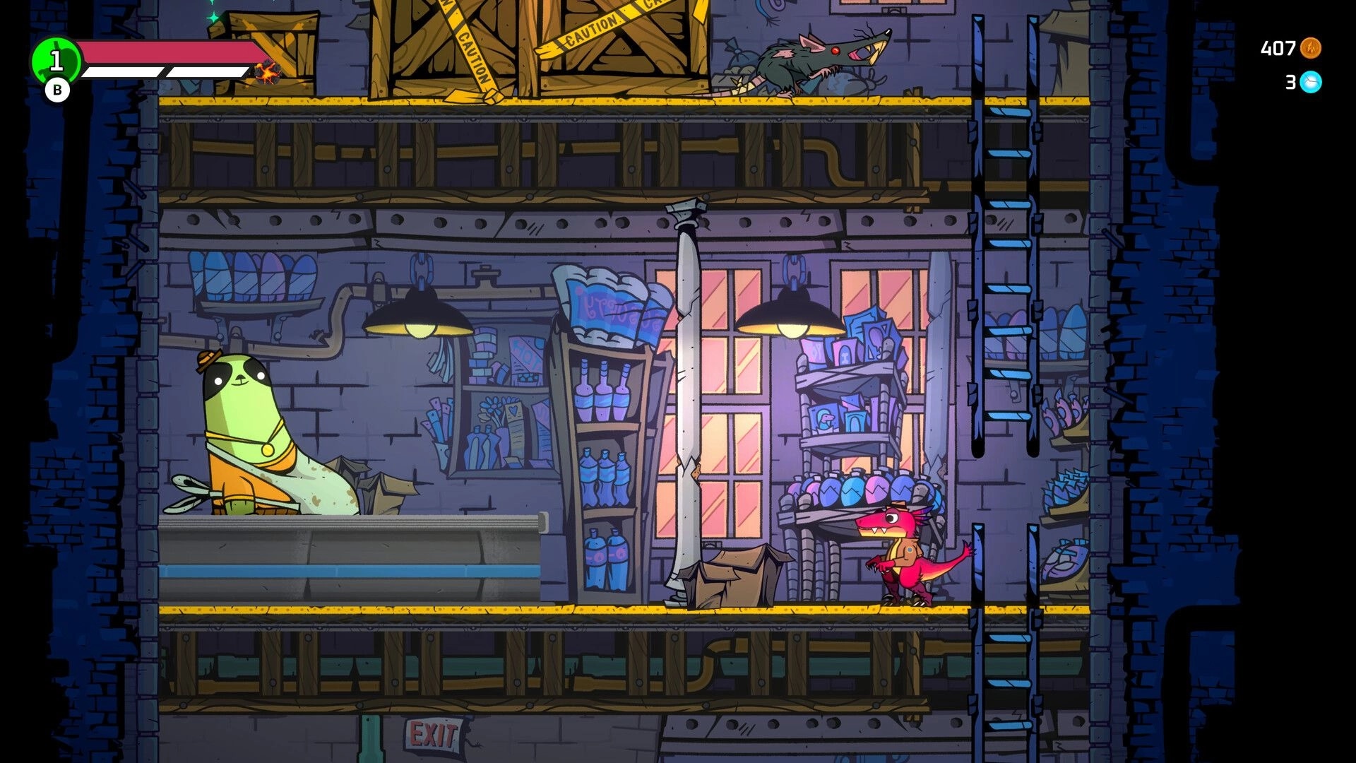 GNAW: Red dino runs past a shopkeeper in a cluttered storehouse with ladders and HUD stats.