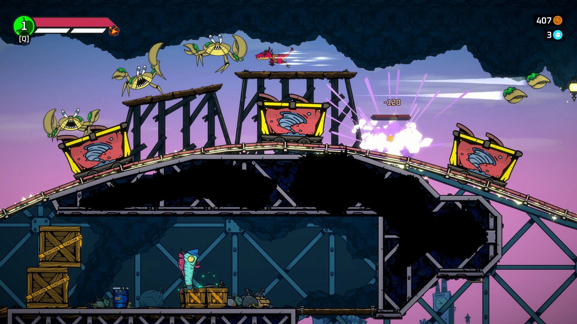 GNAW: Red dino dashes past flying crabs as a cart explodes on a curved mine rail bridge.