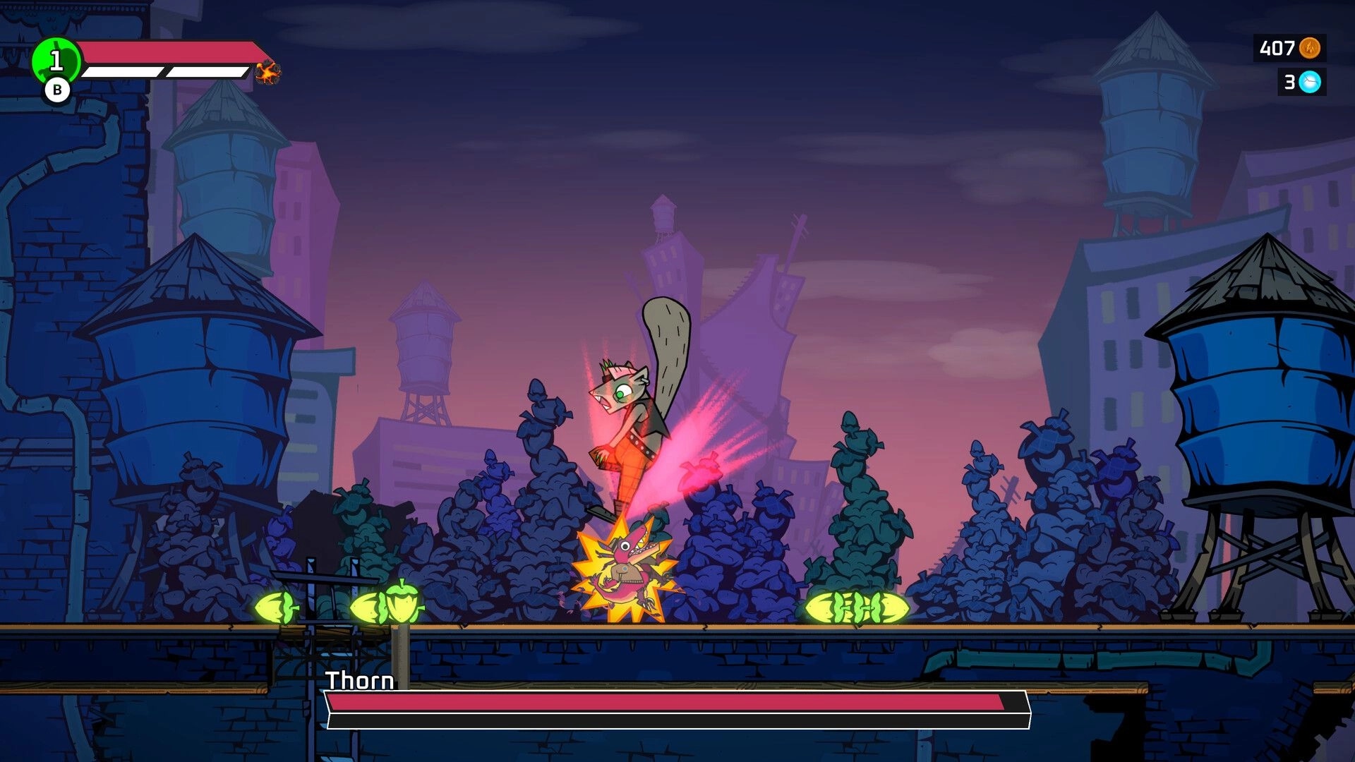 GNAW: Player launches upward attack on boss Thorn on rooftop walkway, city skyline HUD visible.