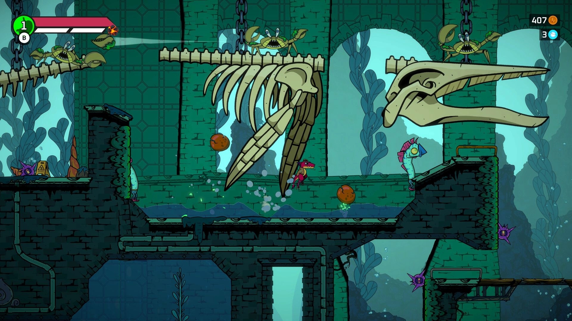 GNAW: Dino hero runs past giant skull jaws in flooded ruins, HUD health bar and coin count visible.