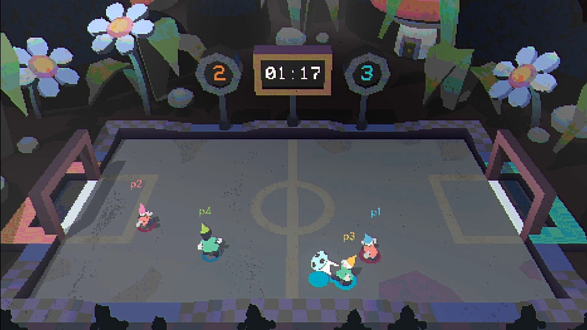 Gnomeball: Four gnomes compete on a garden soccer field, score 3-2 with 1:17 left on the clock.