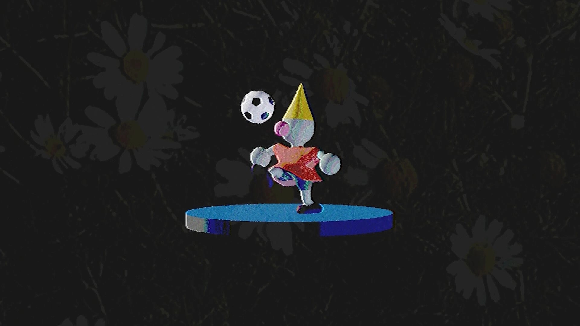 Gnomeball: Gnome kicking a soccer ball on a blue platform in a dark garden with flowers in the background