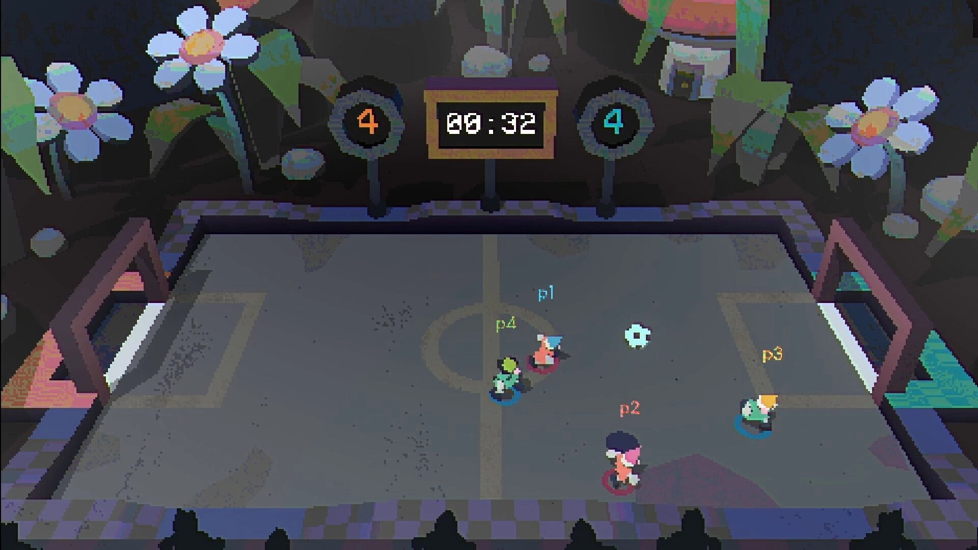 Gnomeball: Four players on a garden field with a ball, scoreboard reads 4-4, clock at 00:32
