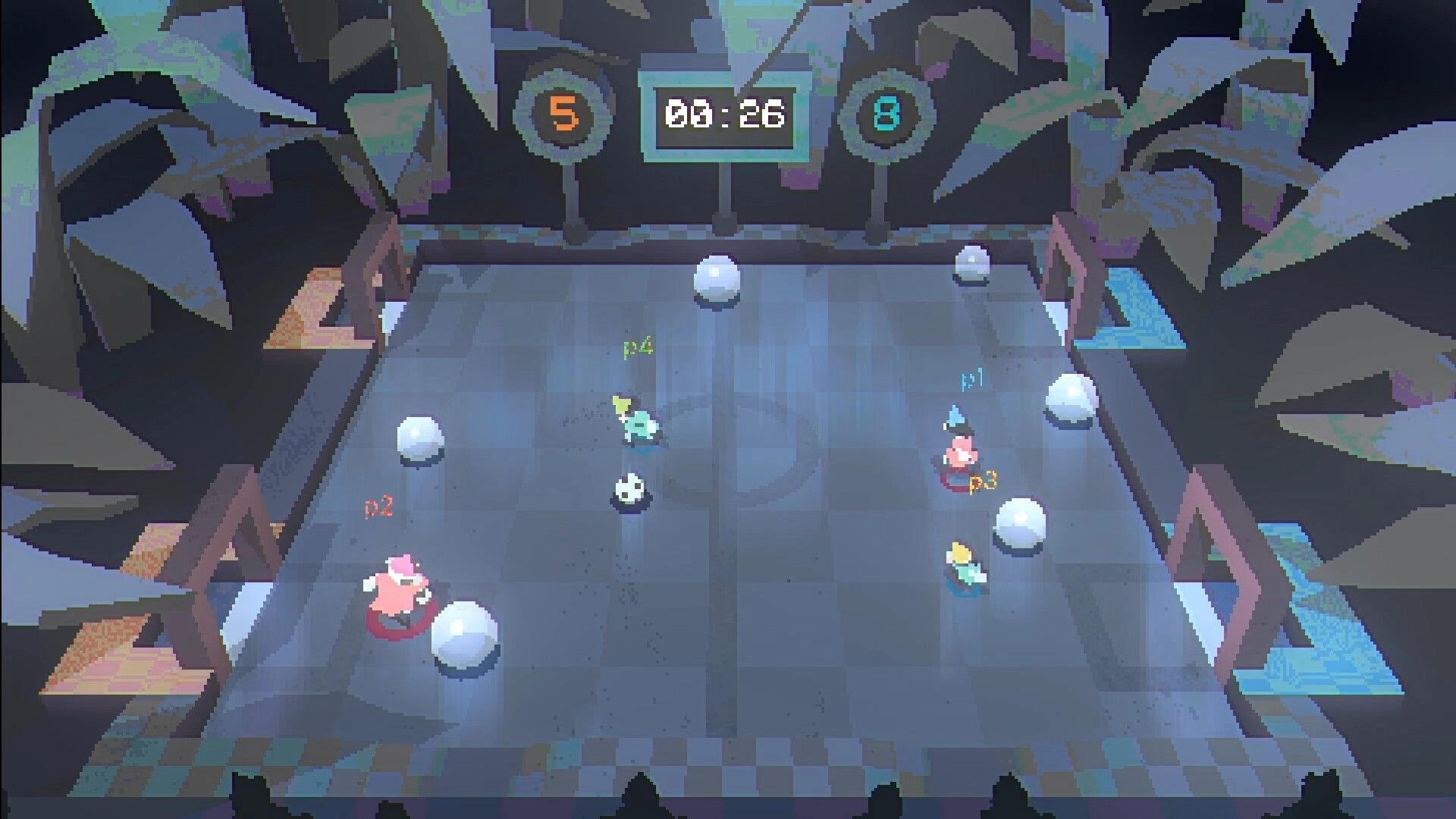 Gnomeball: Four gnomes compete on a miniature soccer field with a timer and score displayed overhead.