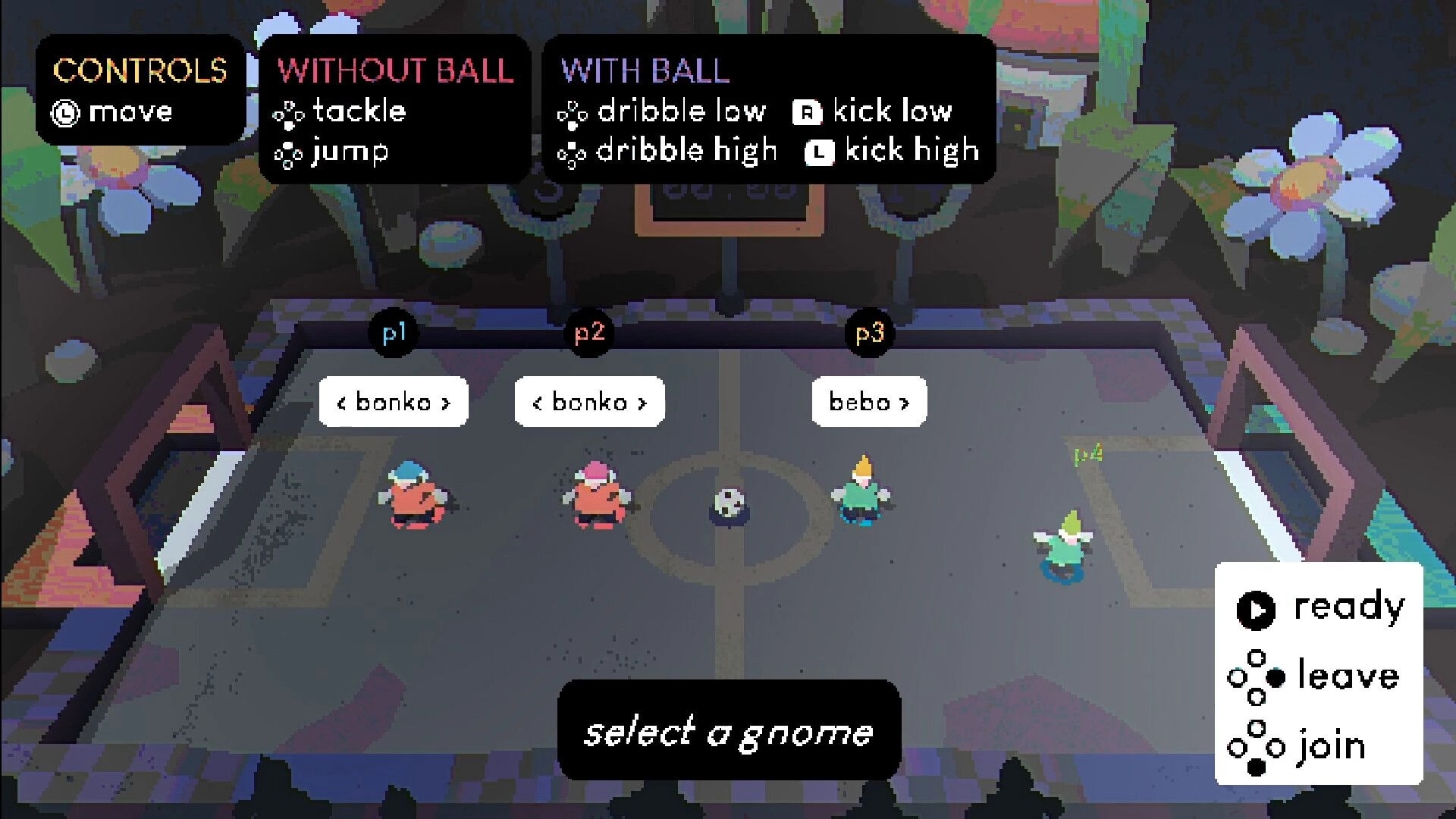 Gnomeball: Gnomes Bonko and Bebo on selection screen in colorful garden court with control instructions