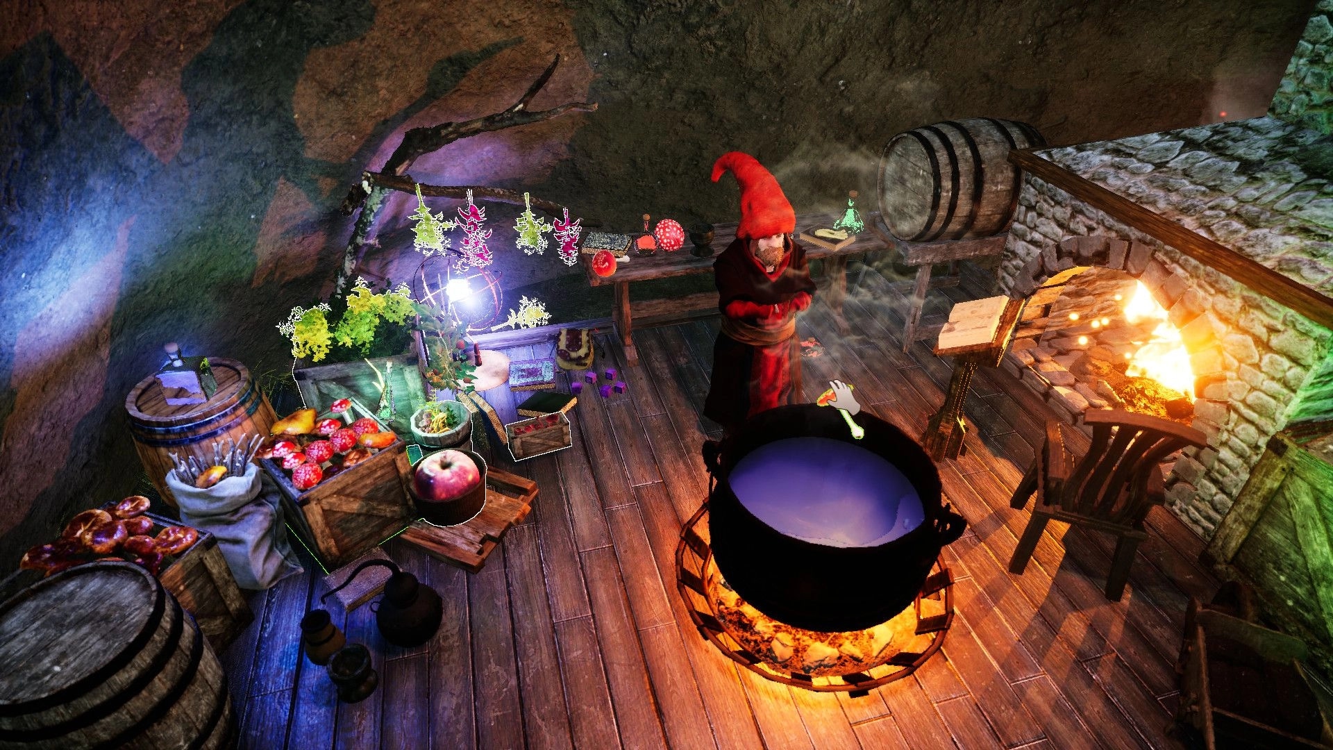 Gnomepunk: Alchemist gnome brewing potion in cozy cave lab with vibrant flora and glowing cauldron