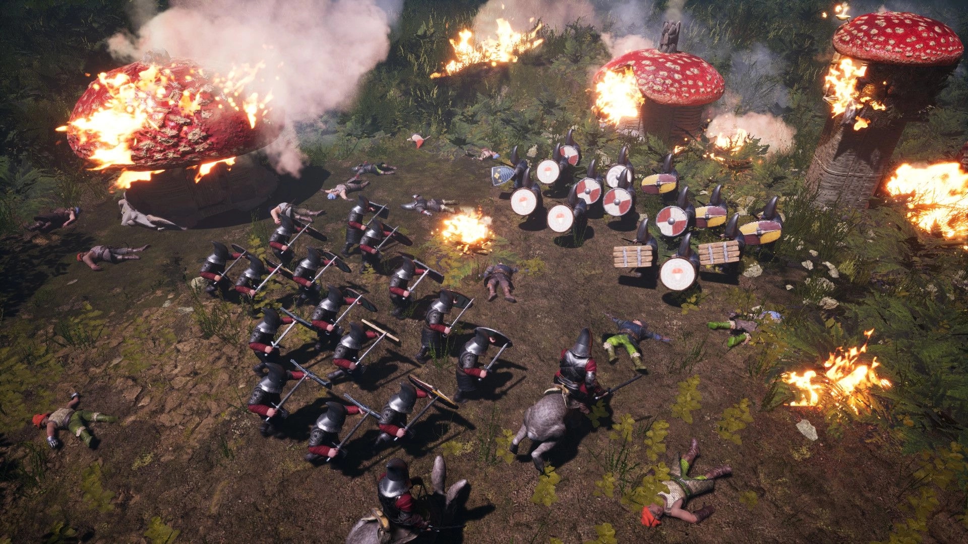 Gnomepunk: Gnome army clashing with shielded foes among giant mushrooms in a fiery forest battle scene.