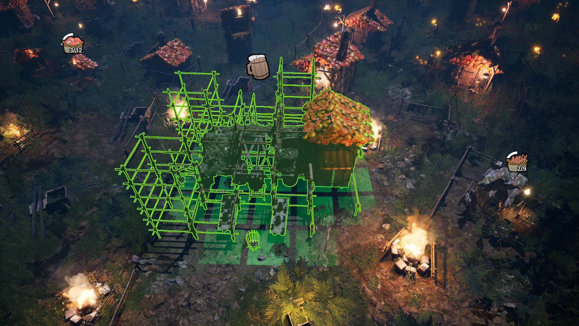 Gnomepunk: Building construction with green framework surrounded by campfires in a dense forest setting