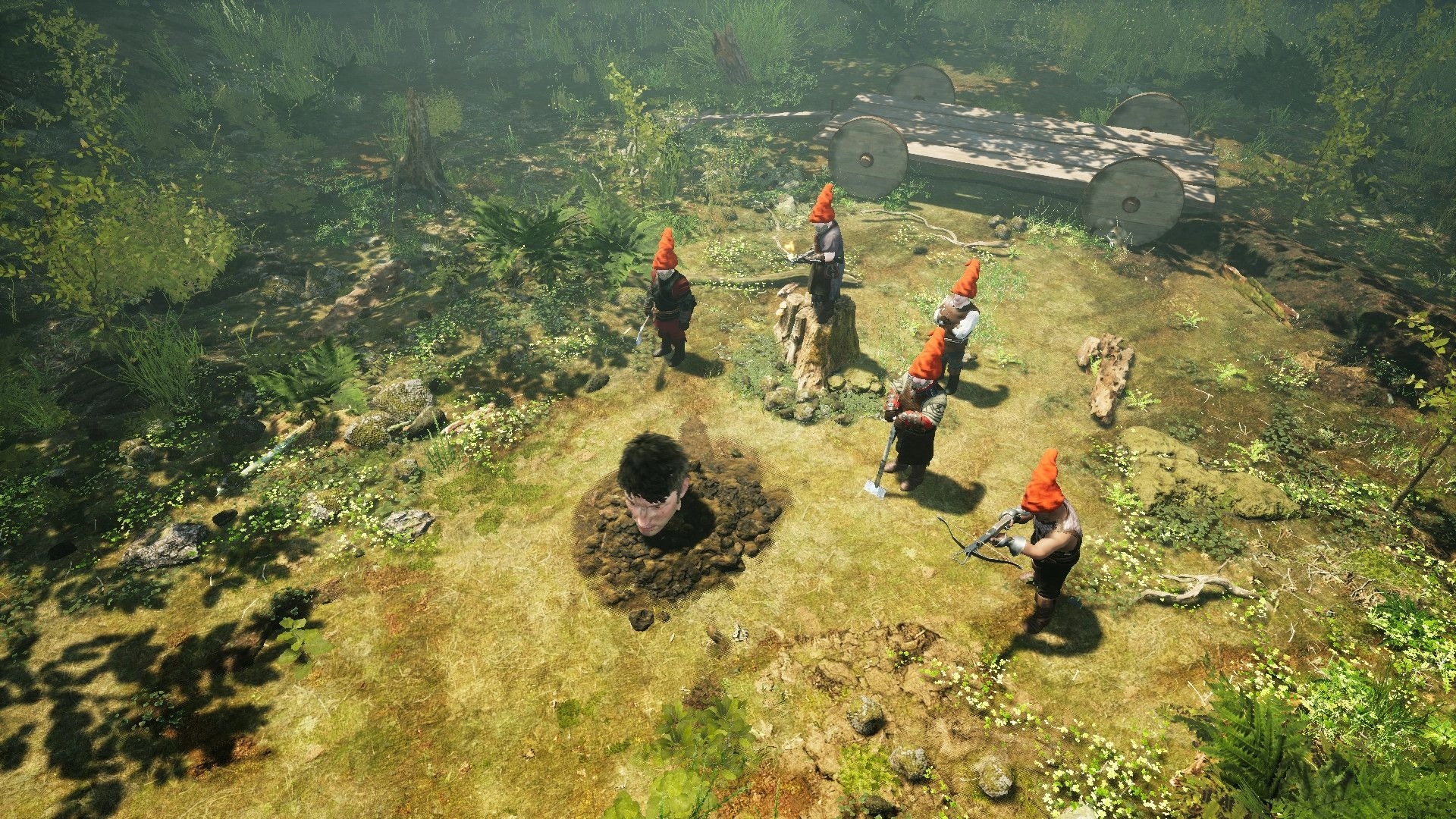 Gnomepunk: Gnomes surround a giant head in the forest, armed with tools and weapons, planning an attack.
