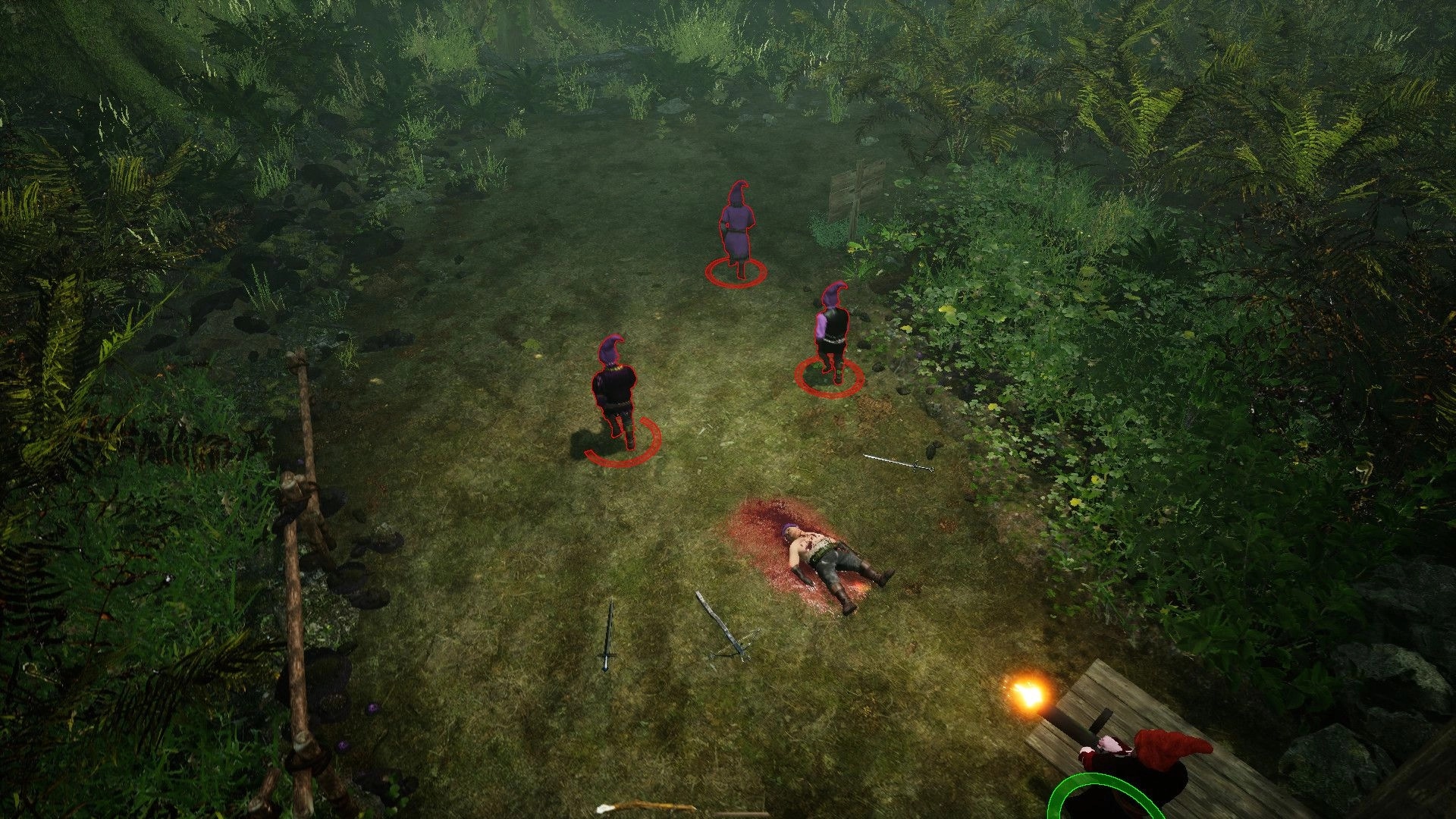 Gnomepunk: Four gnomes stand in a forest clearing near a fallen enemy, surrounded by lush greenery.