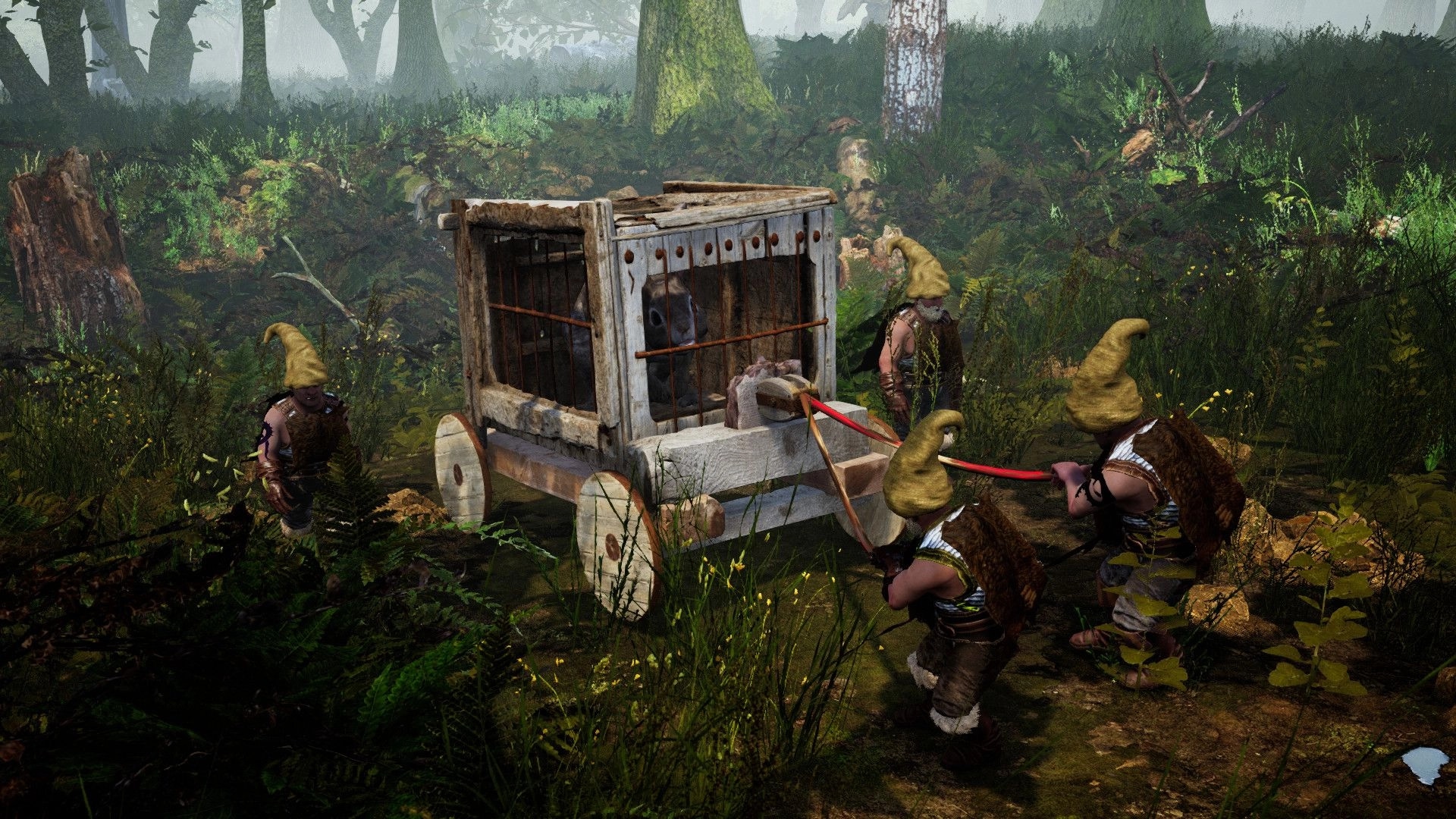 Gnomepunk: Four gnomes transporting a caged creature through dense forest with lush foliage surrounding them