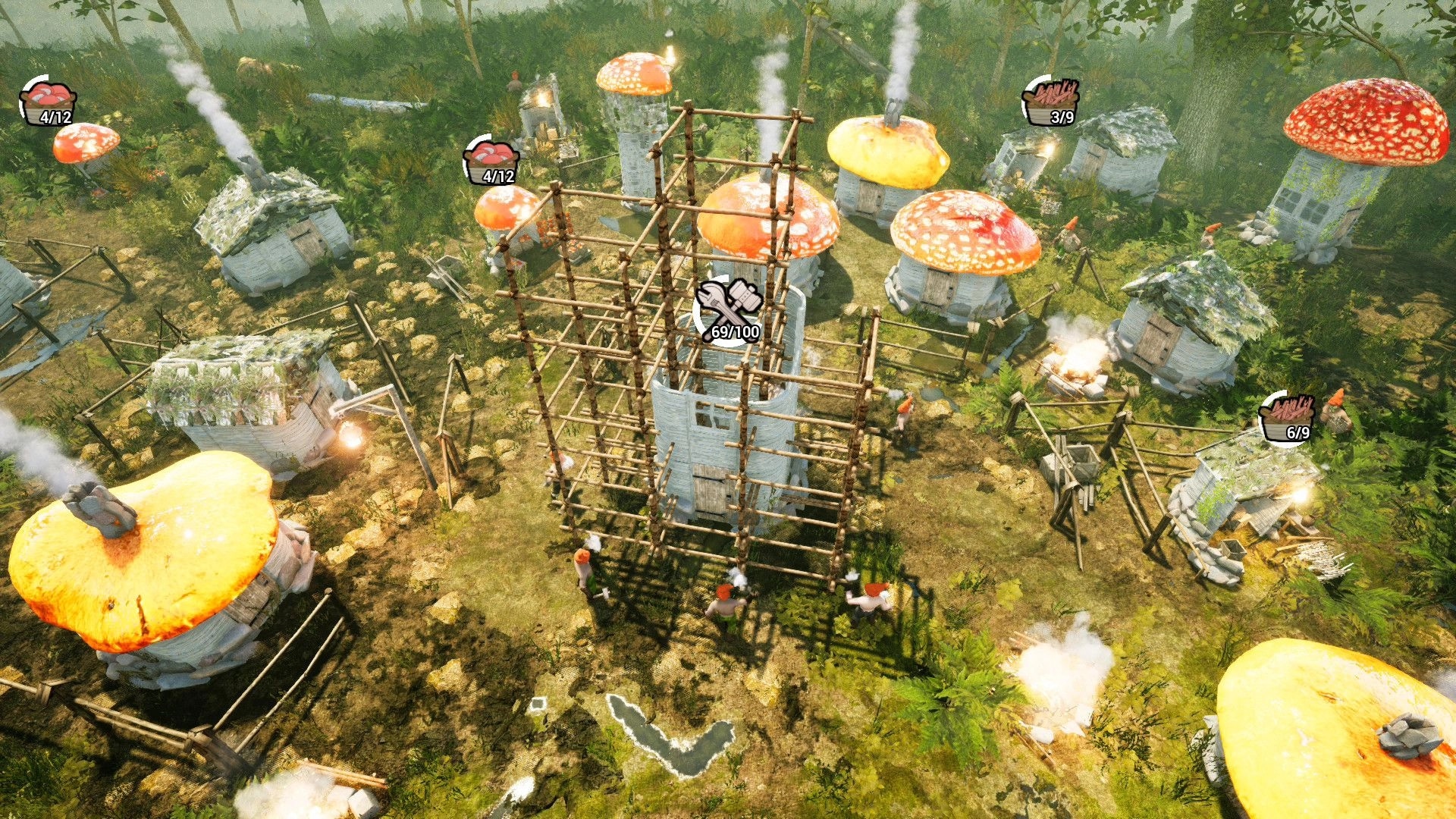 Gnomepunk: Gnomes constructing a wooden tower surrounded by mushroom-roofed huts in a lush forest village