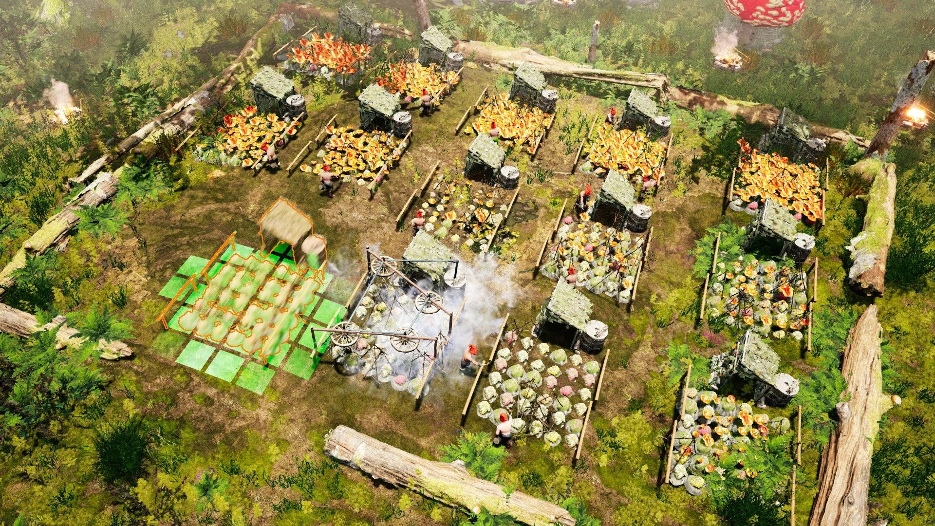 Gnomepunk: Gnomes tending to vibrant mushroom farms within a lush, forested resource camp