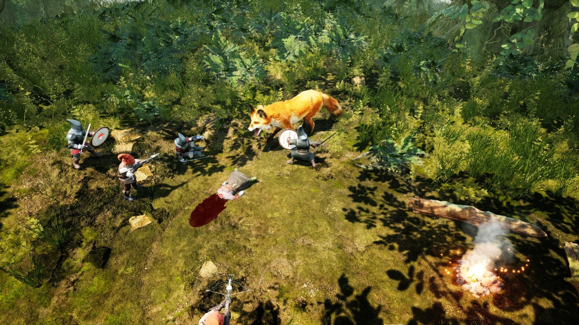 Gnomepunk: Gnome warriors confront a fox near a campfire in a dense forest clearing.