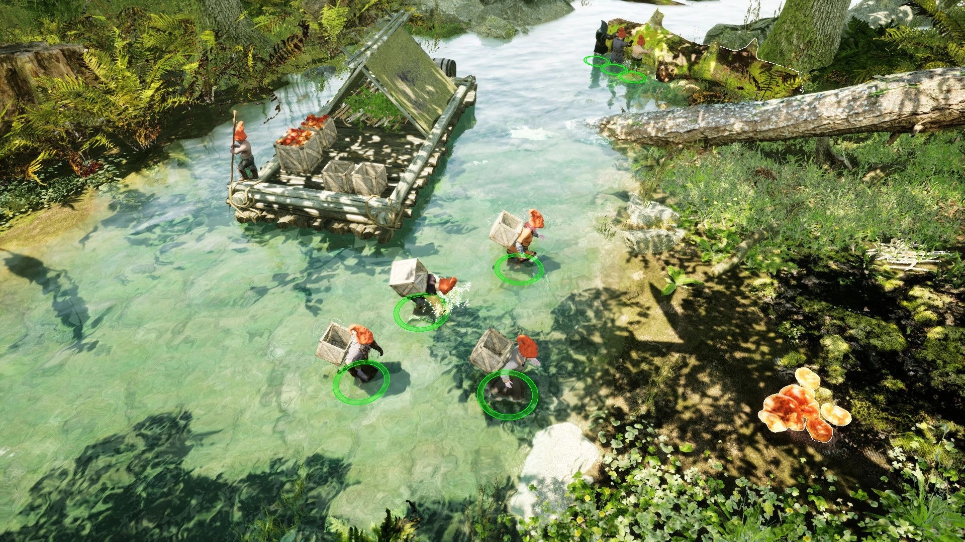 Gnomepunk: Gnomes carrying crates through a shallow river near a raft loaded with supplies in a forest setting