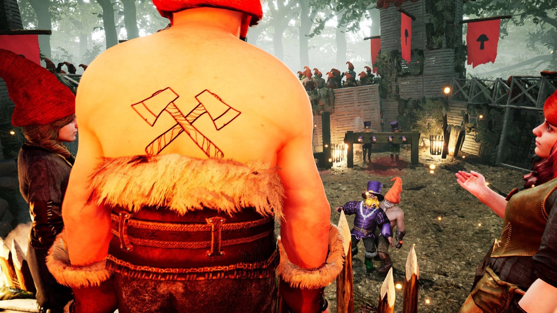 Gnomepunk: Gnomes gather in forest arena, large tattooed gnome in foreground, banners and torches lit
