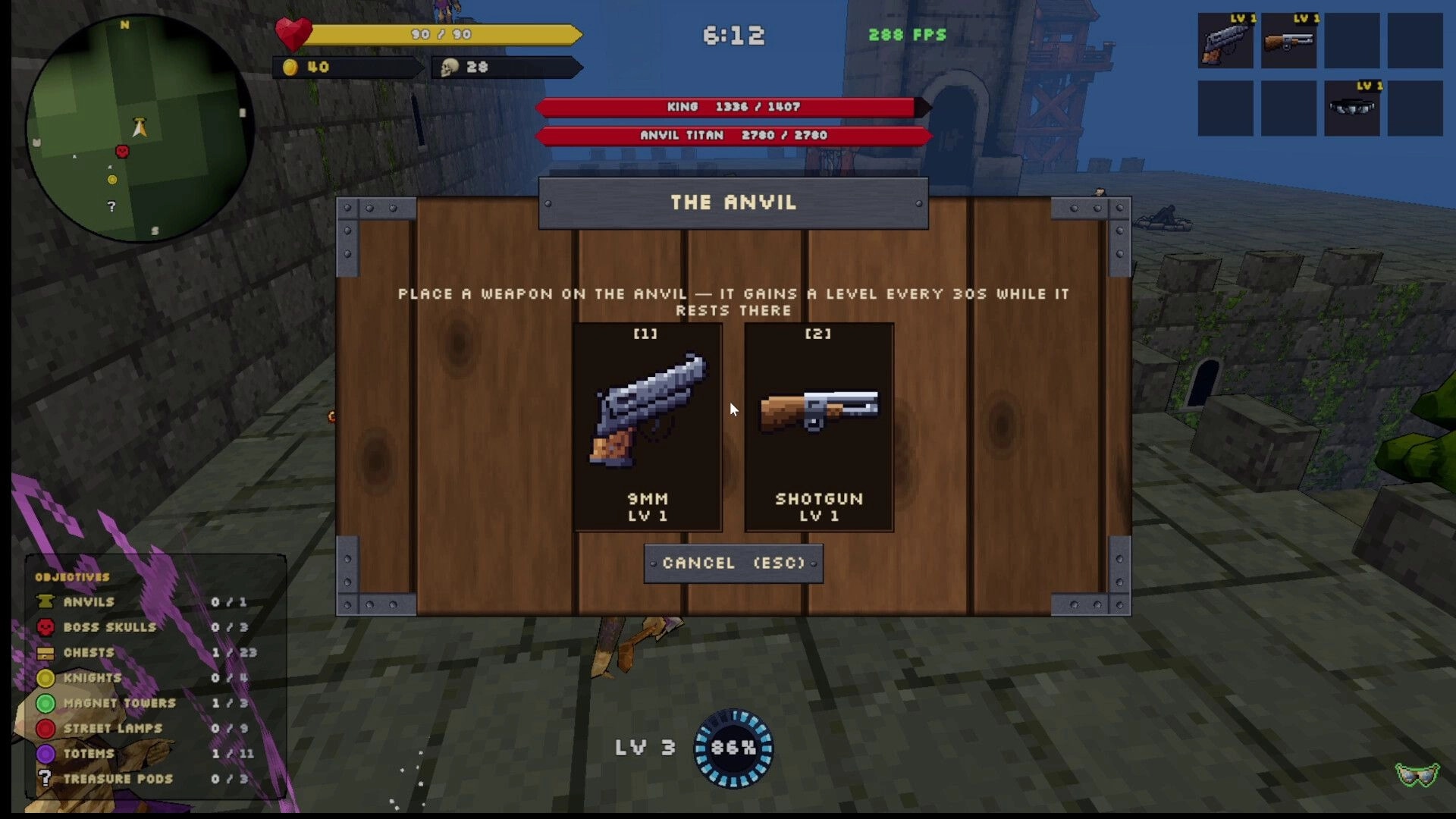 Go Next!: Anvil upgrade menu selecting 9mm or shotgun on a stone castle rooftop with minimap HUD.