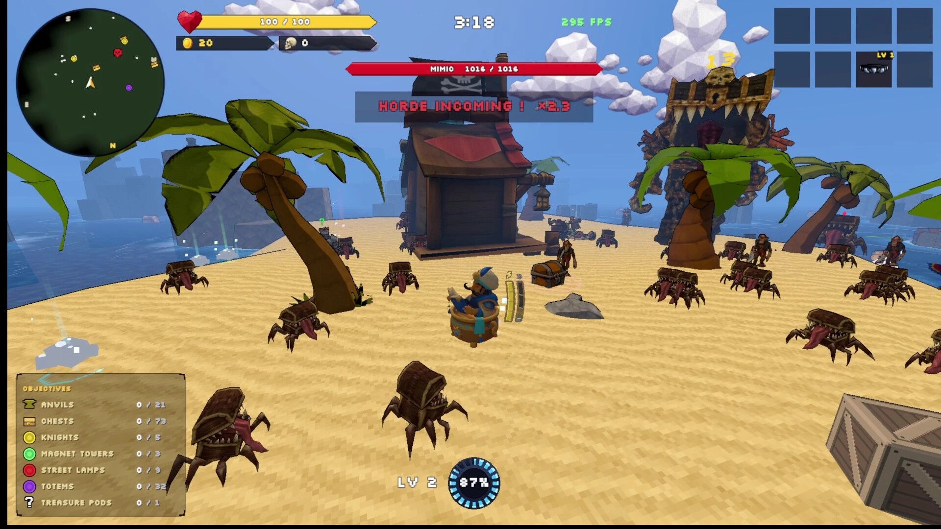 Go Next!: Player on sandy island as chest crabs swarm; Horde Incoming alert and minimap UI visible.