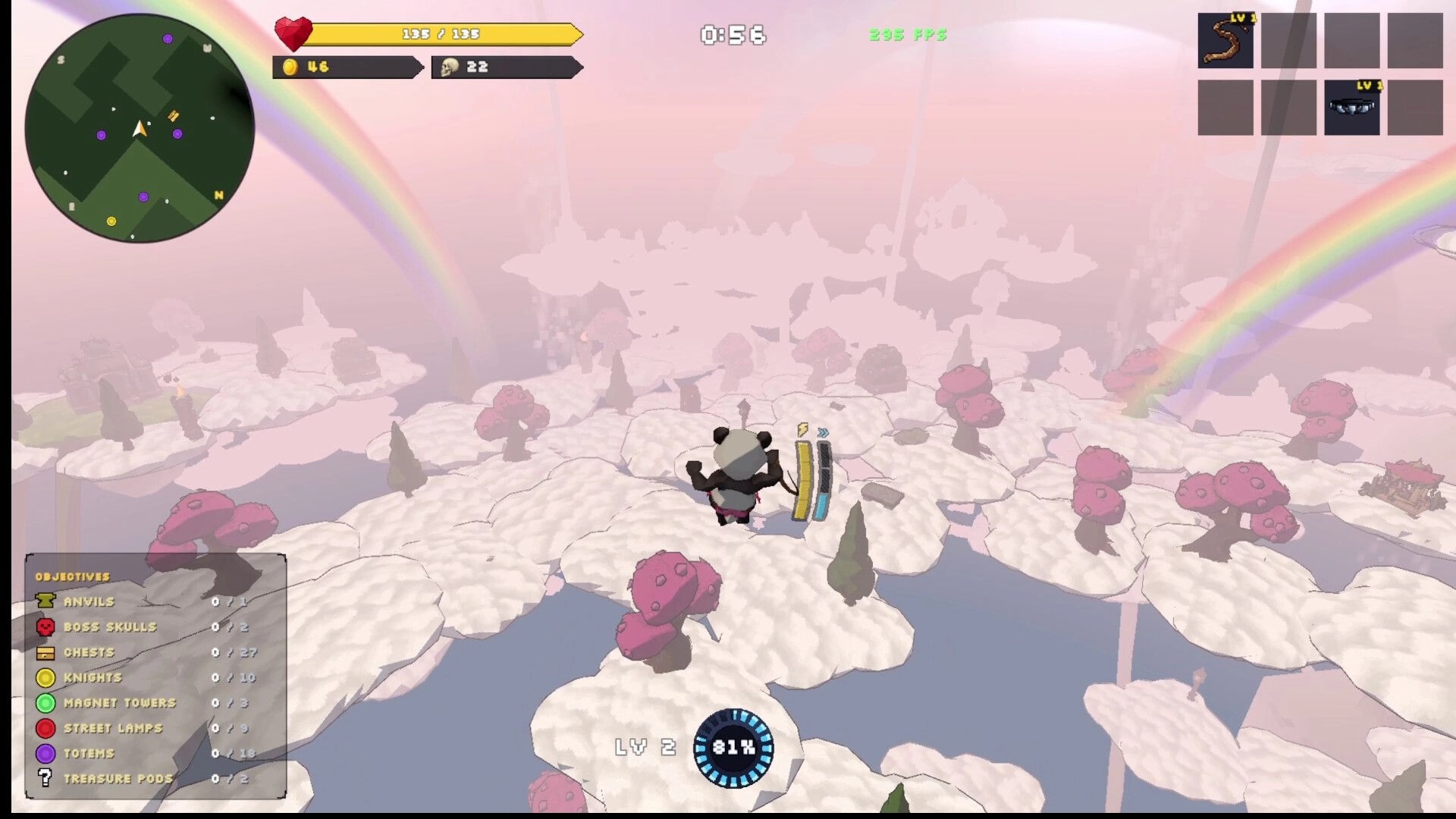 Go Next!: Panda hero gliding over floating cloud islands with minimap, timer, and equipment slots UI.