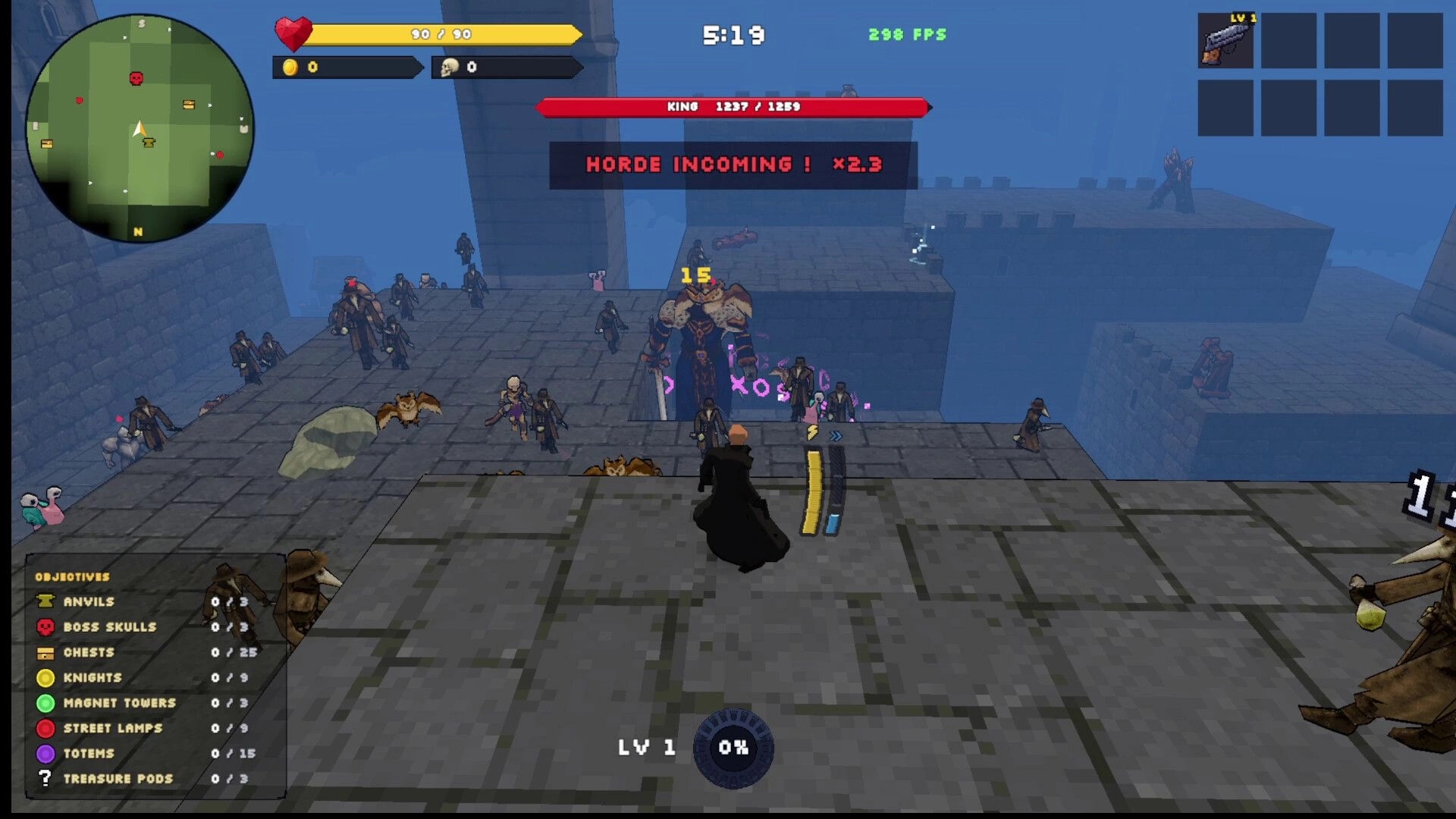 Go Next!: Player faces a giant King boss as “Horde Incoming” flashes on foggy castle ramps UI.
