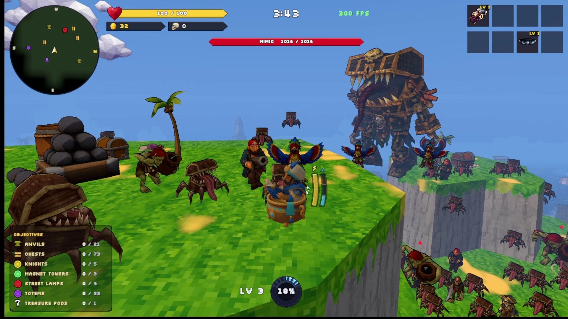 Go Next!: Player battles a Mimic boss amid chest monsters on grassy floating cliffs with minimap HUD.