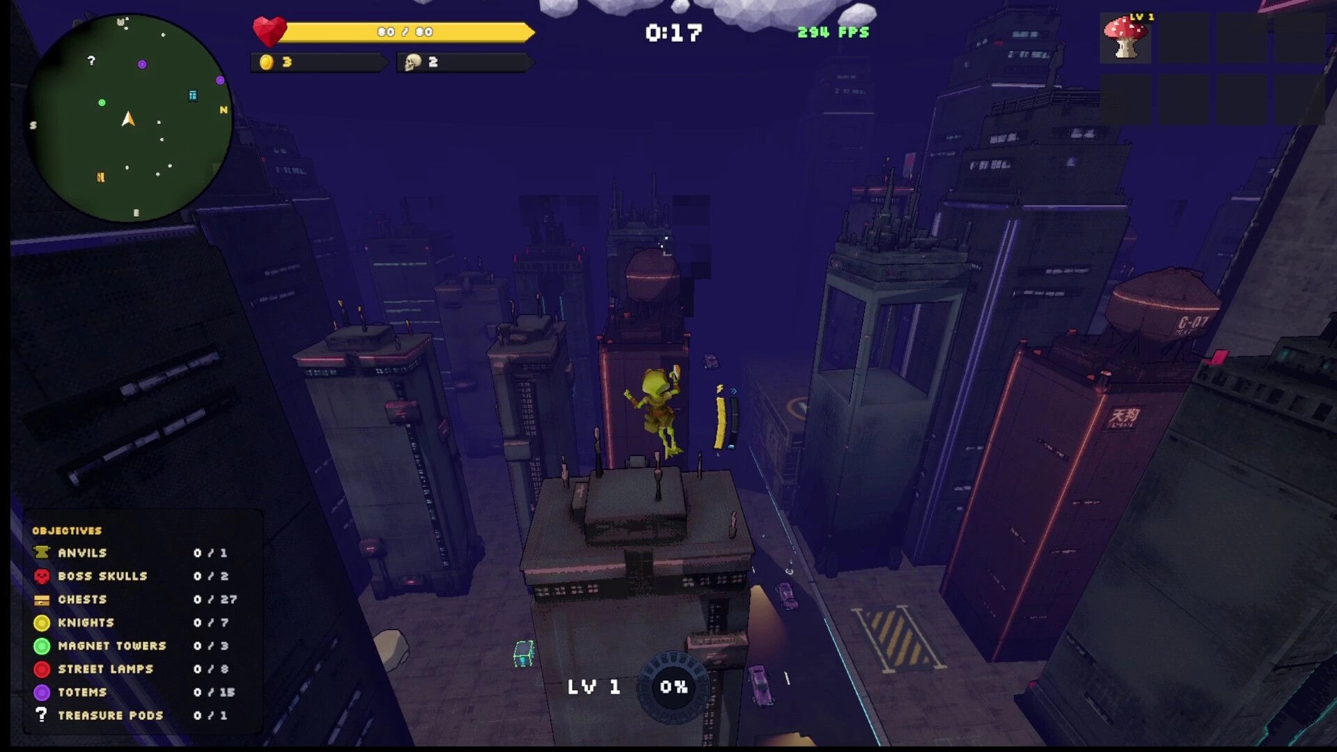 Go Next!: Green character midair between rooftops in neon city, with minimap, timer, and objectives UI.