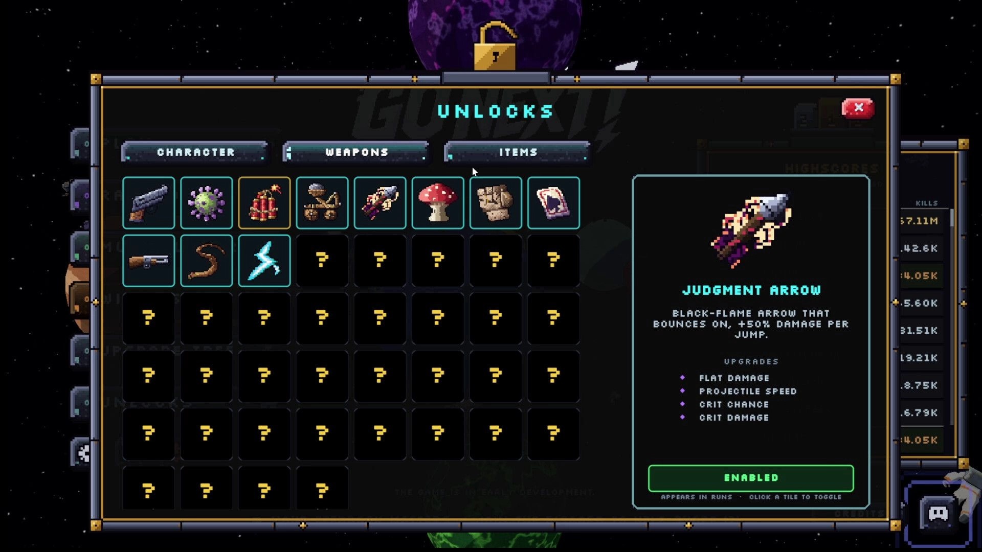 Go Next!: Unlocks menu with weapons grid and Judgment Arrow details panel over starry space backdrop.