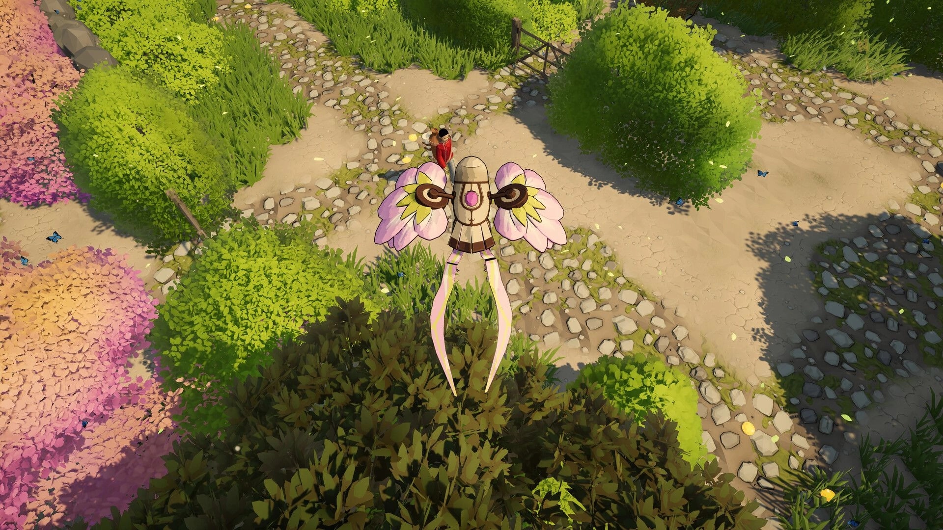 Go North: Character in red cloak navigates lush maze with colorful foliage and stone paths