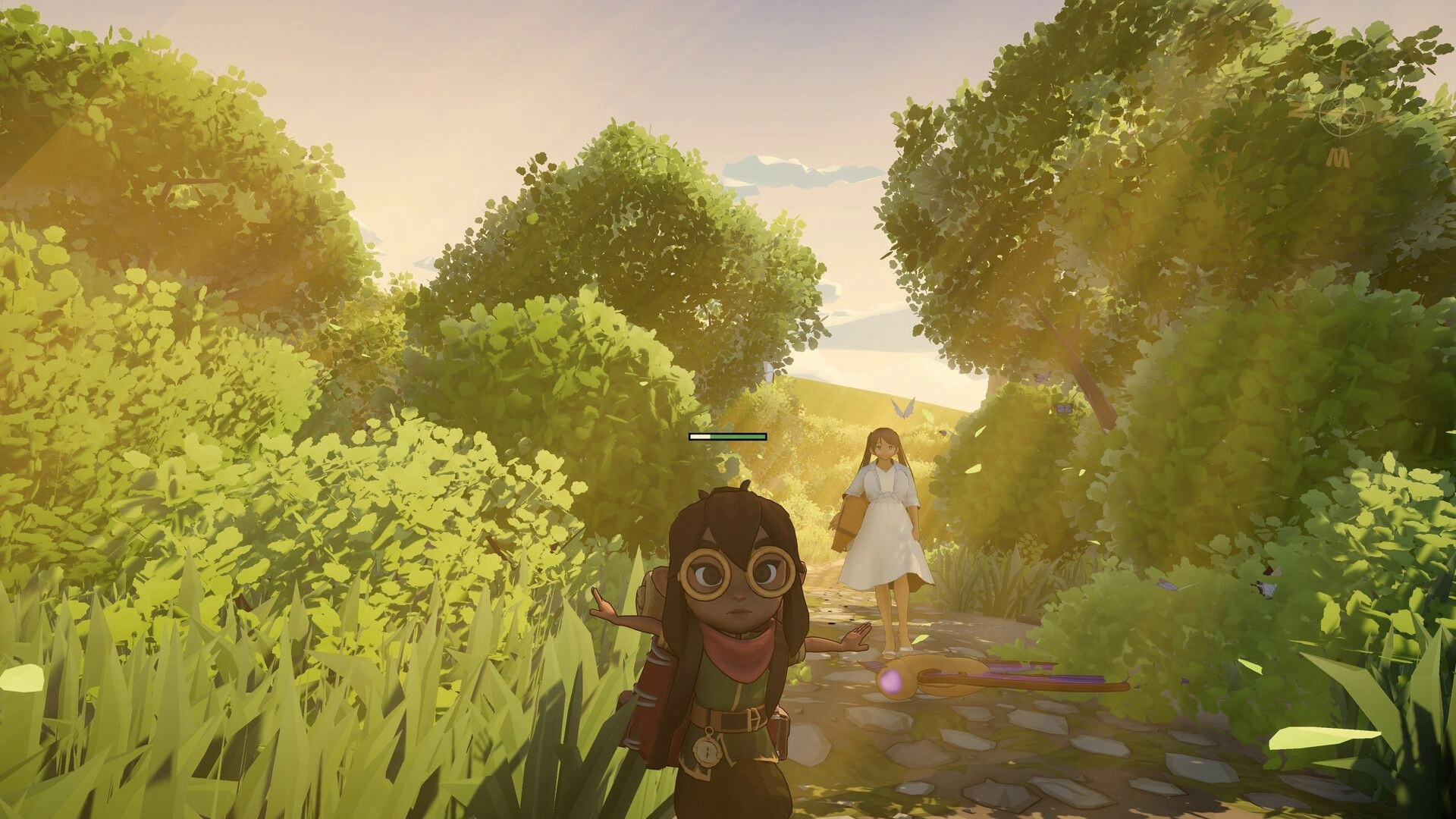 Go North: Young adventurer with goggles walks through sunlit forest path, woman in white dress behind.