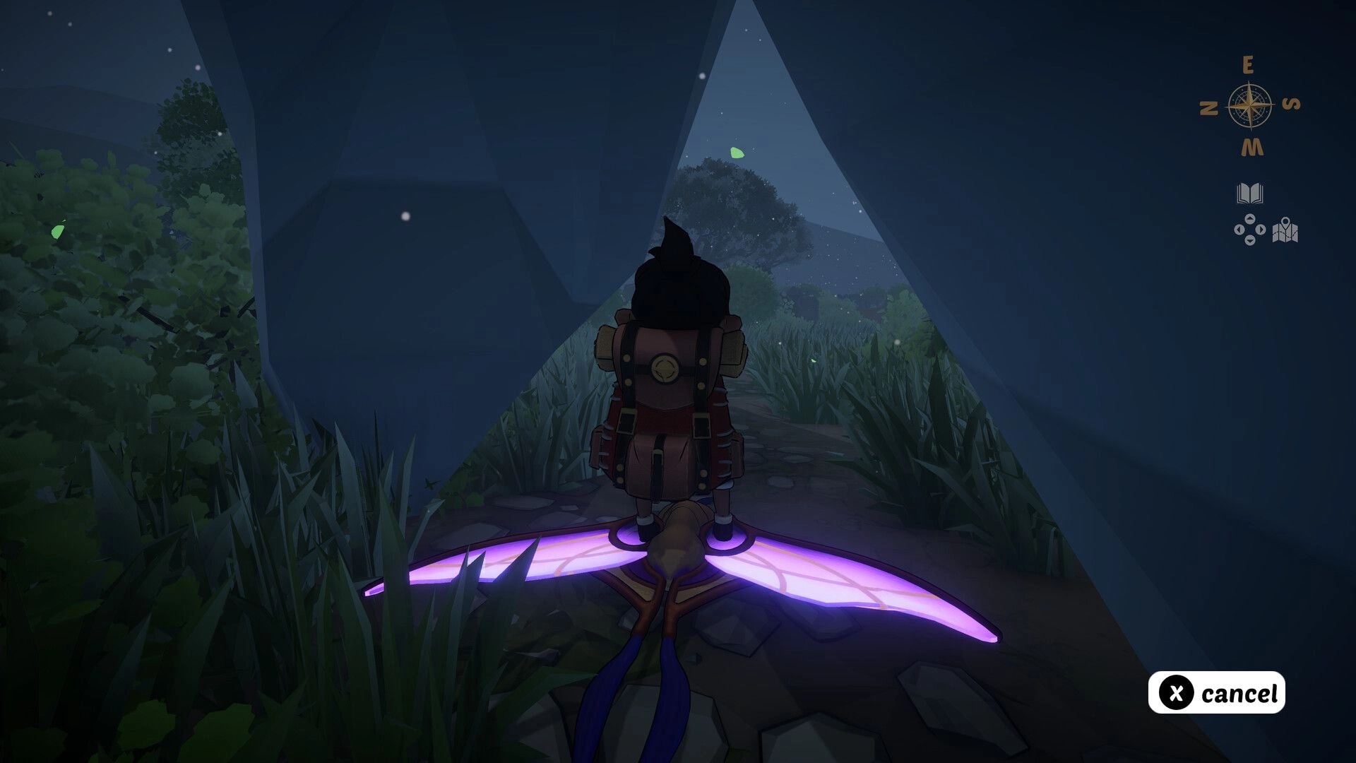 Go North: Player rides glowing winged creature through narrow path surrounded by dense foliage at night
