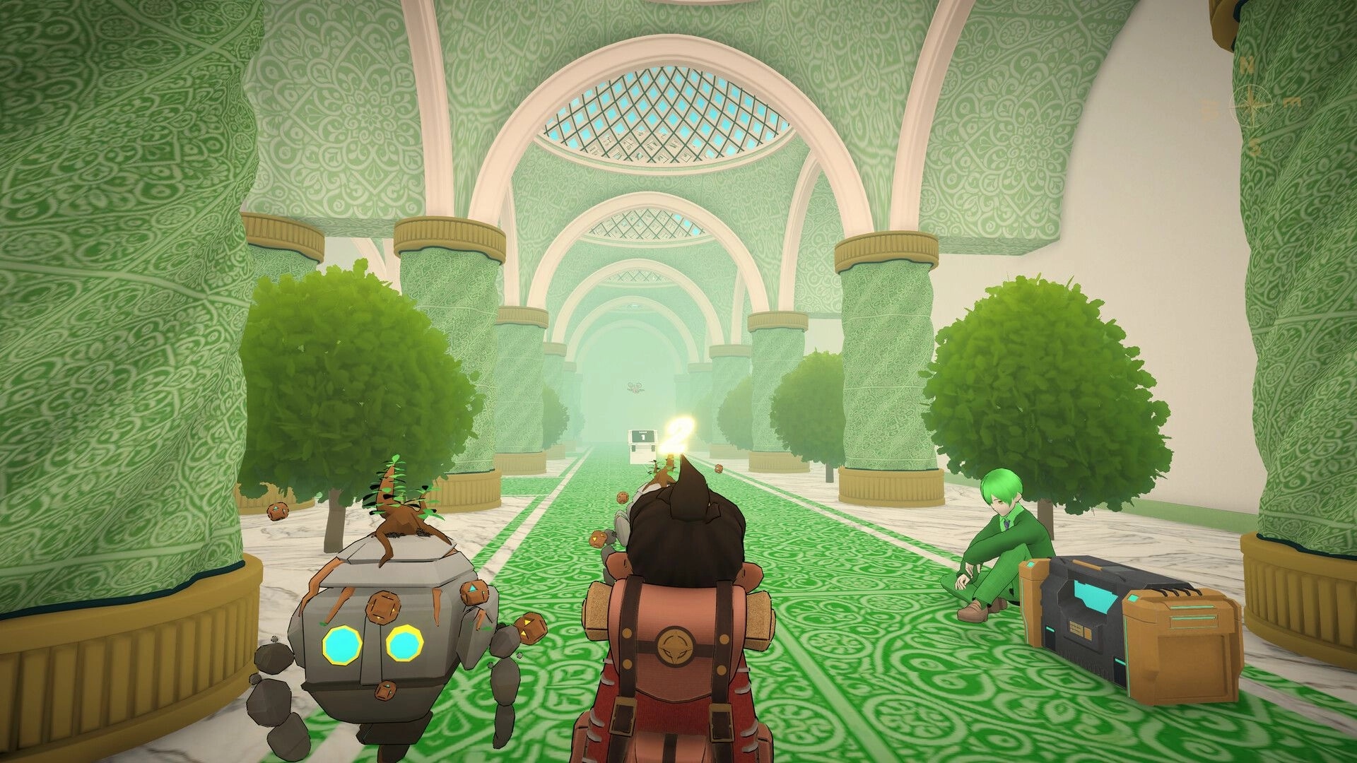 Go North: Player explores ornate green maze corridor with robot companion and seated green-haired character