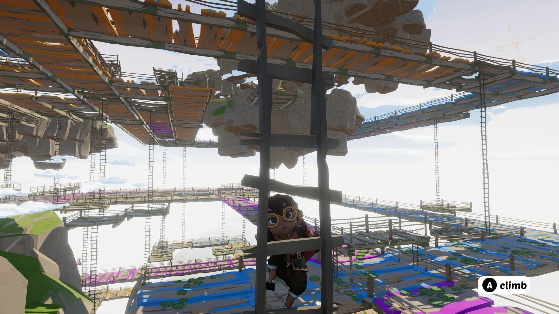 Go North: Player character climbing a ladder amidst suspended platforms and floating rock formations