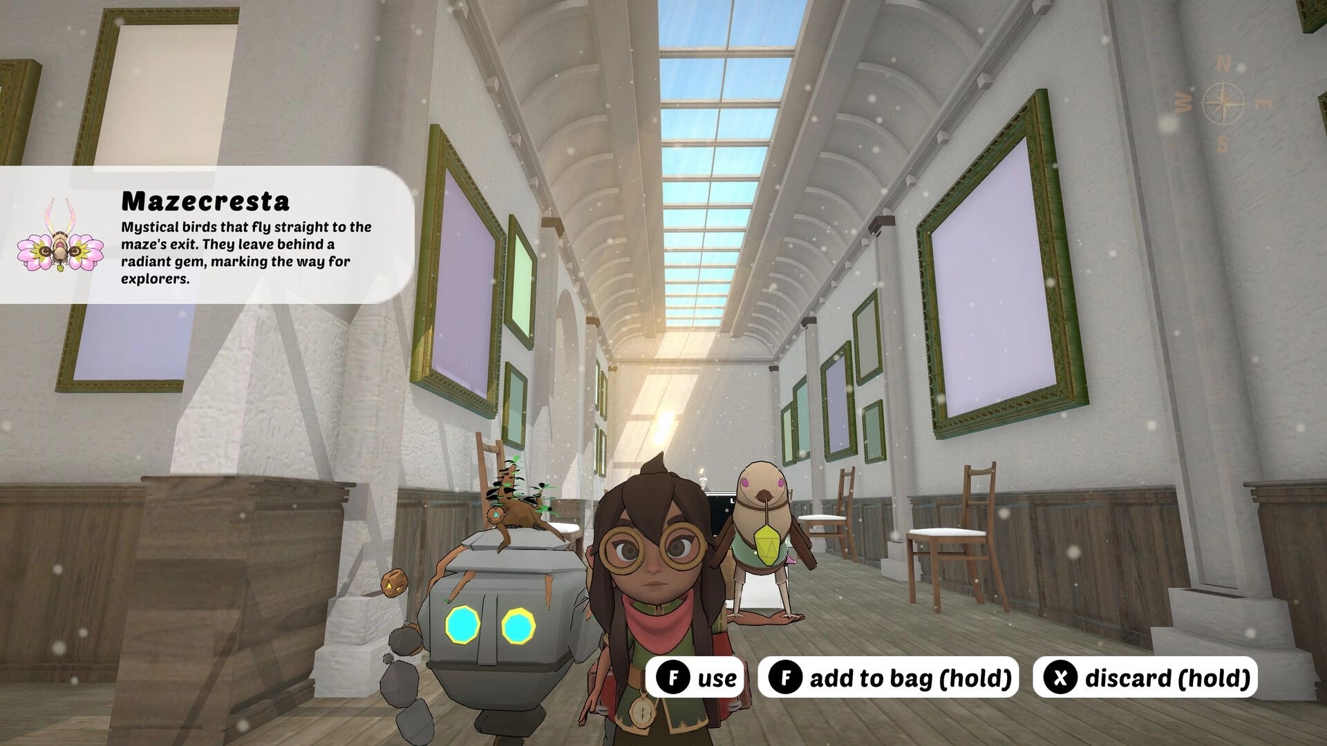 Go North: Character with companions in a sunlit hallway with empty frames and UI for item interaction