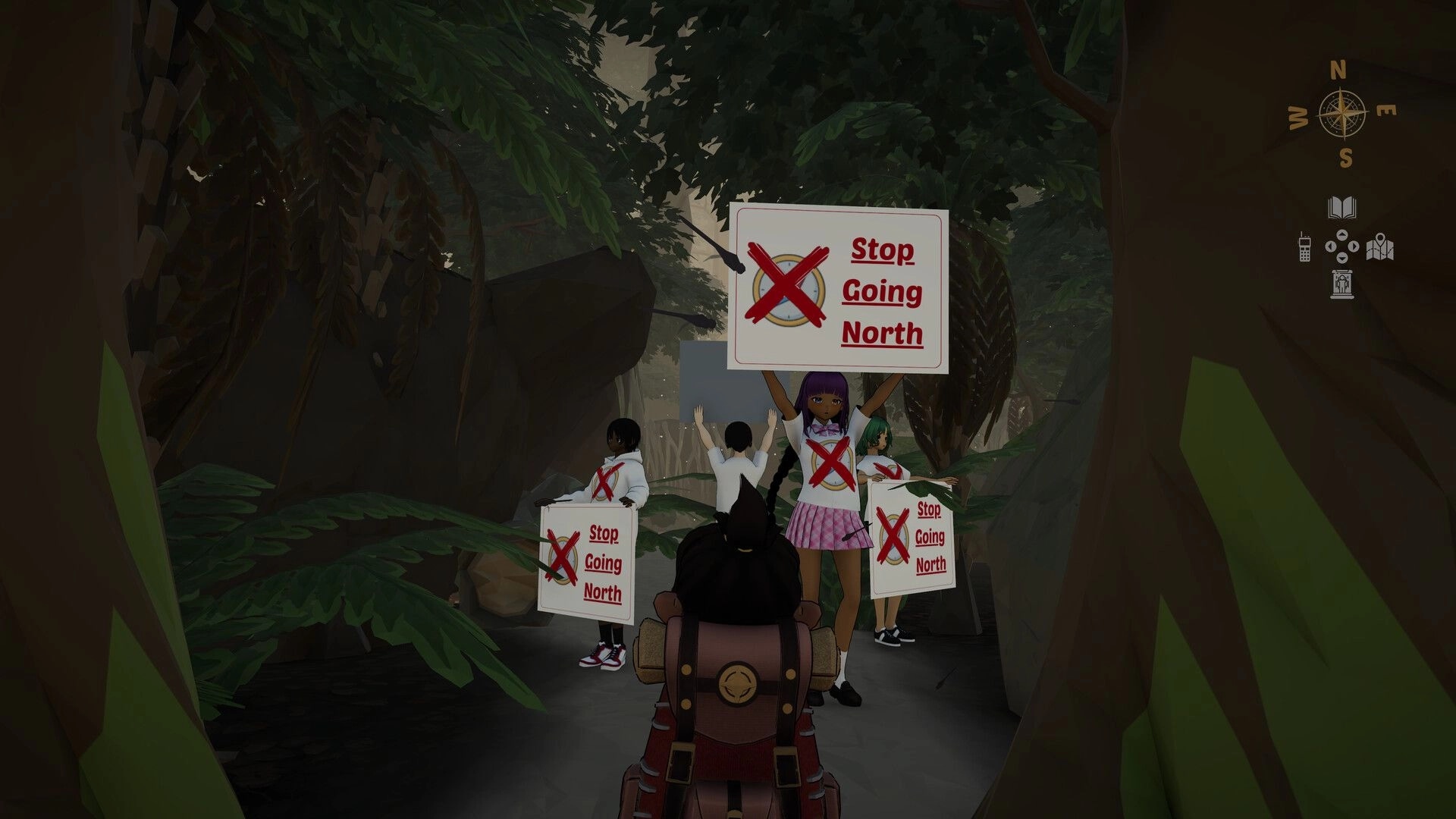 Go North: Characters holding "Stop Going North" signs in a lush forest path, compass UI displayed