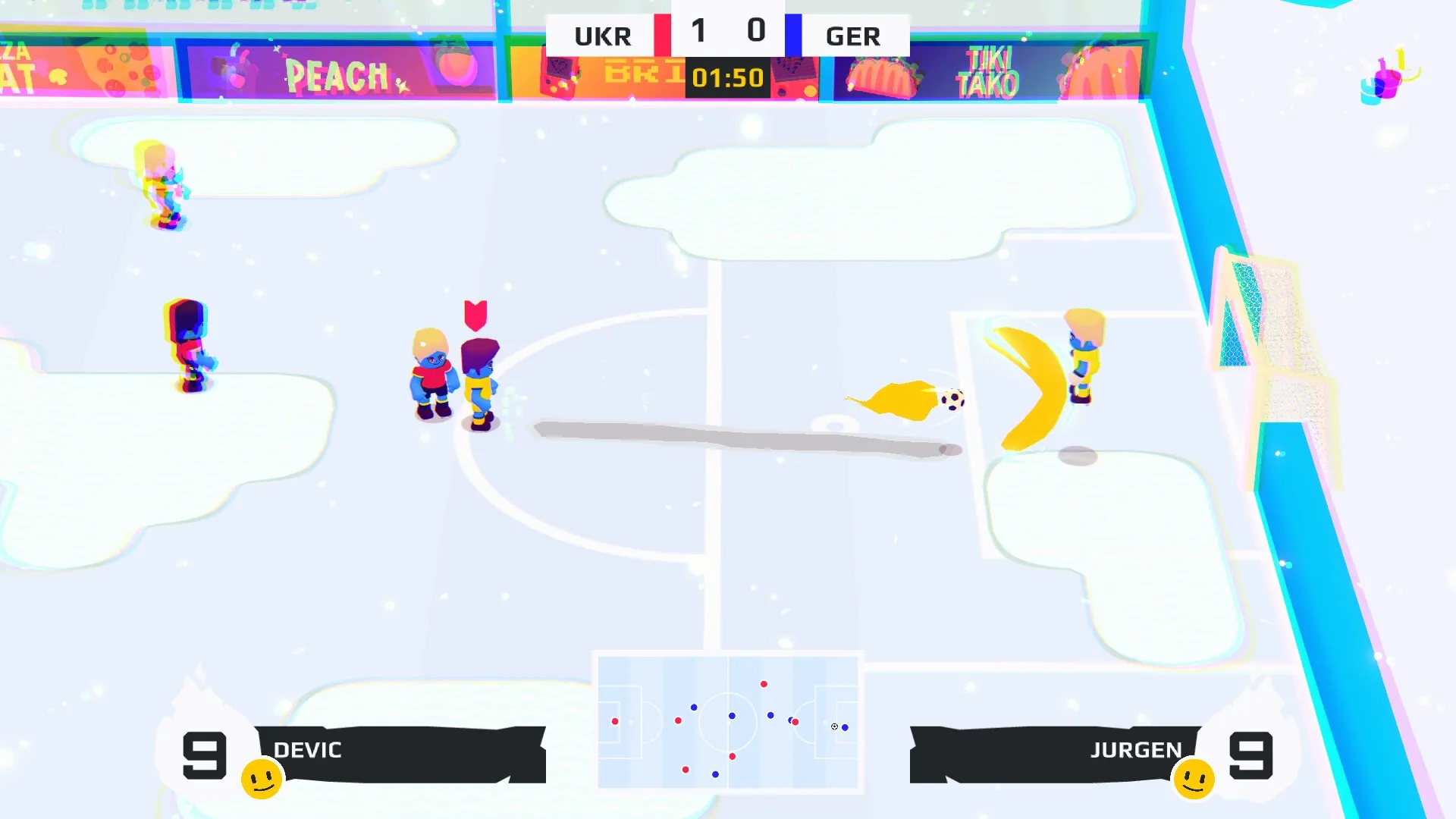 GOAL3: Players Devic and Jurgen face off in an icy arena with a banana-shaped obstacle near the goal.