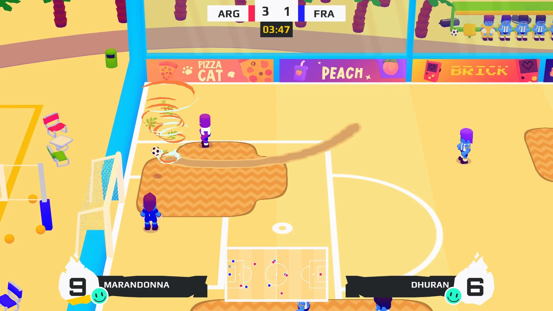 GOAL3: Player Marandonna dribbles past obstacles on a sandy soccer field with score 3-1, time 03:47